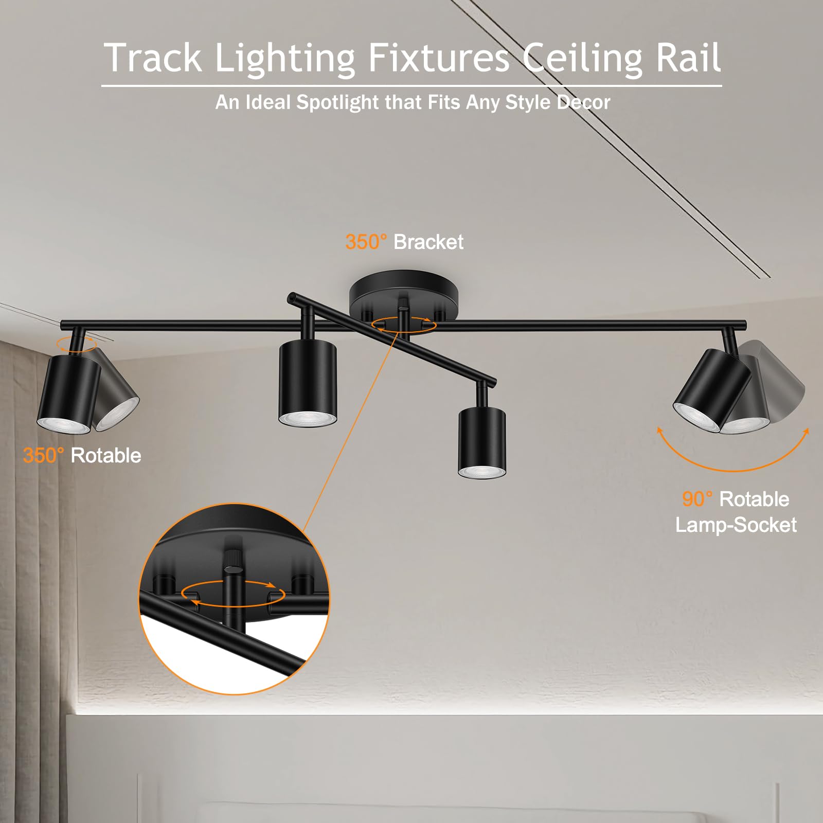 Boostarea 4 Light Track Lighting Kit, Black 4 Way Ceiling Spot Lighting, Center Swivel Track Light Heads, Flexibly Rotatable Lig
