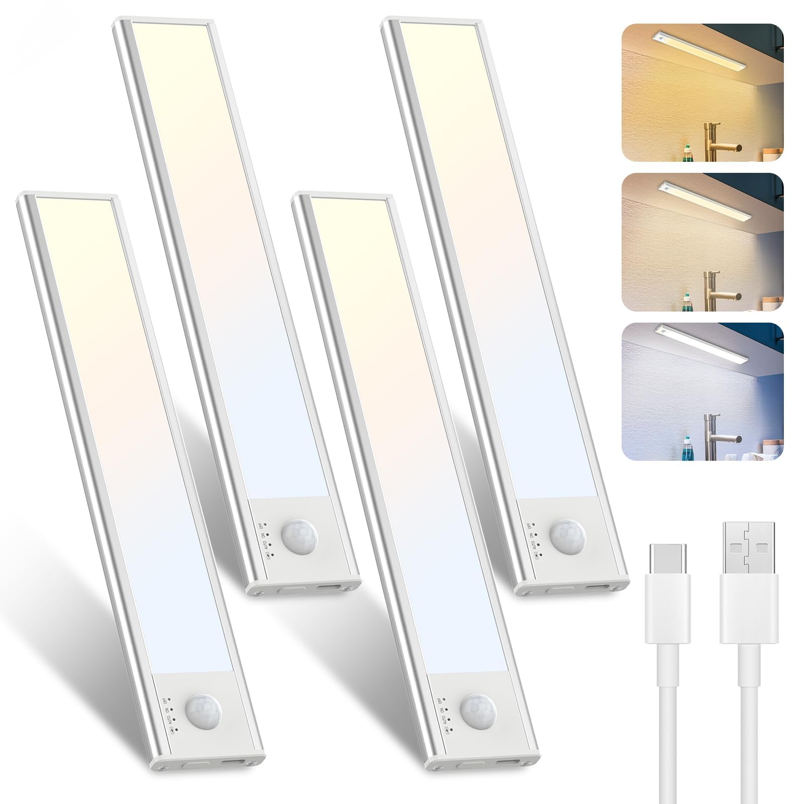 libtit 4Pack Motion Sensor Under Cabinet Lighting, LED USB Rechargeable Battery Operated Light Strip Indoor, Wireless Magnetic K