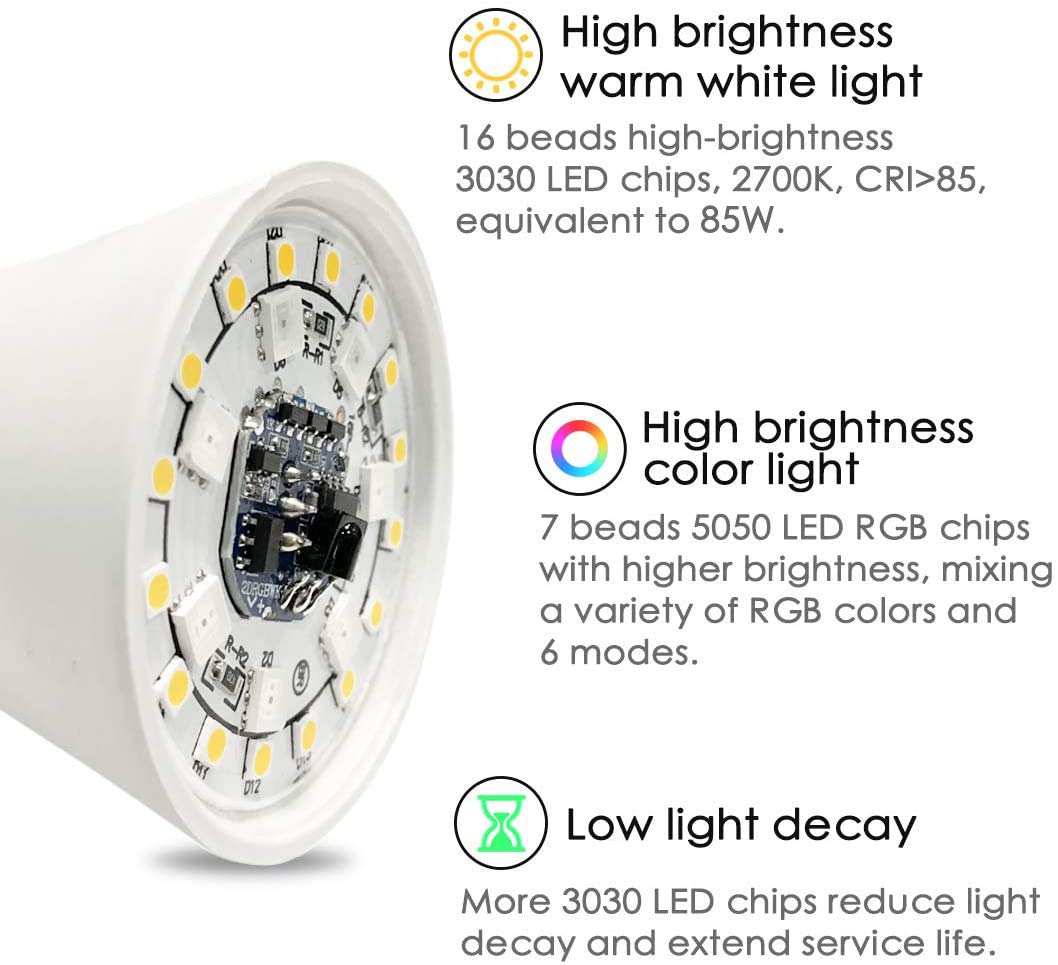 Yangcsl Rgb Color Changing Led Light Bulb, Dimmable, 85W Equivalent, Pack Of 2, E26 Base, Aluminum