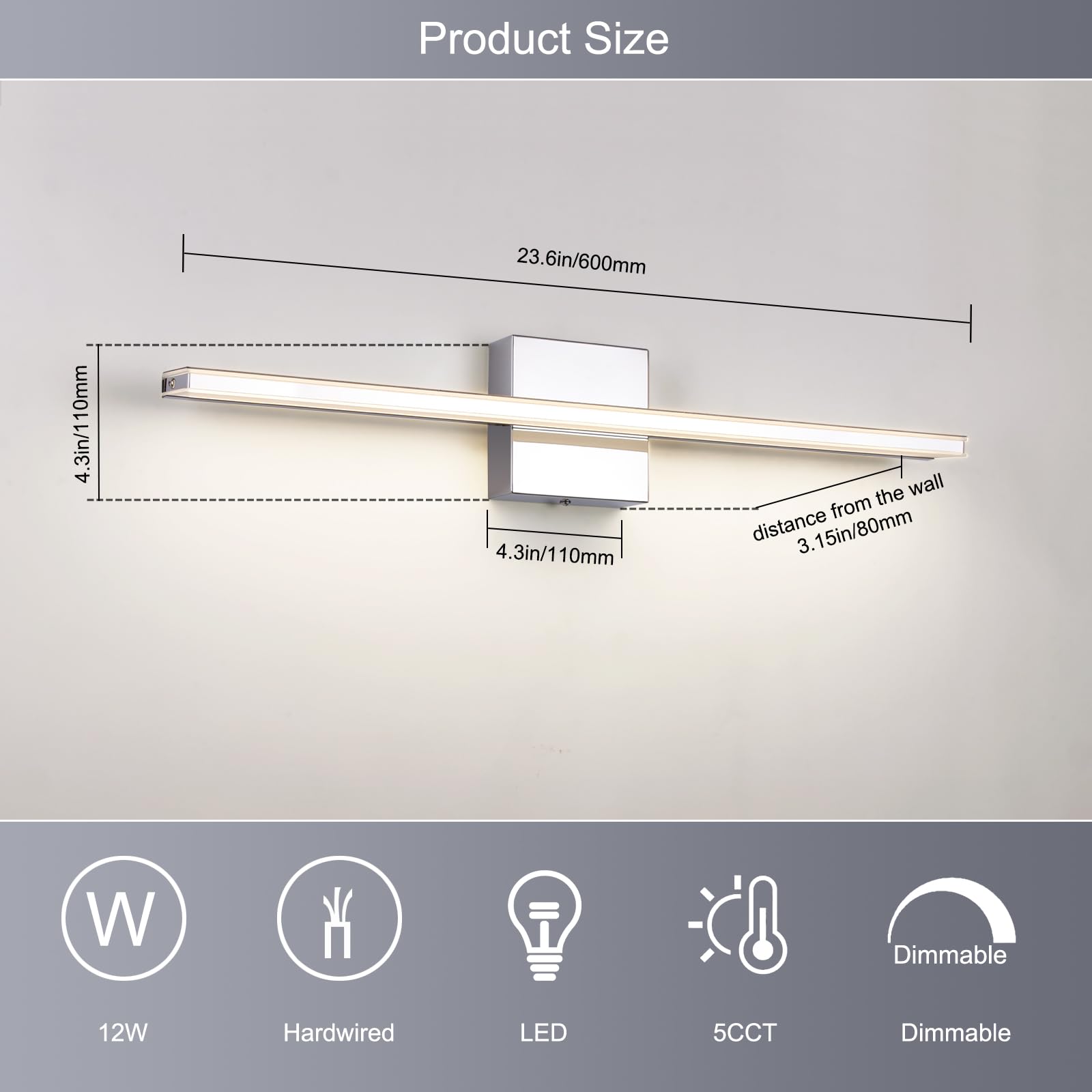 BRIVOLART Chrome Vanity Lights - Dimmable LED Bar Light, 23.6 Inch, 18W, Adjustable Angle, Model 96909366-8dd4-484d-a
