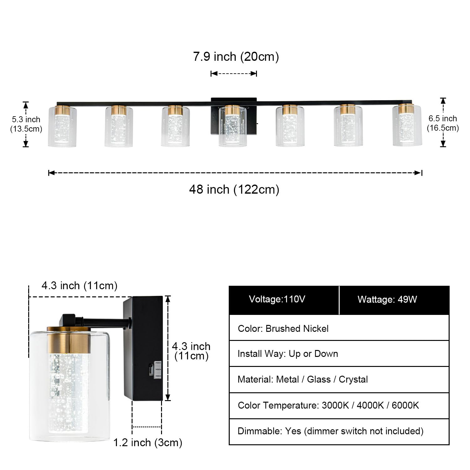 Sinerise 7-Light Black And Gold Vanity Light With 3 Color Modes (3000K/4000K/6000K), Eye Protection Led Bathroom Light Fixture,