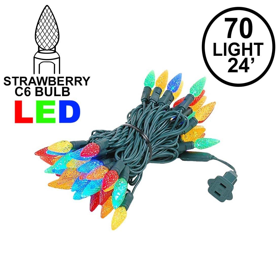 Novelty Lights C6 LED Christmas Mini Light Set, 70 Lights, 24 Feet, Multicolor, Green Wire, Commercial Grade