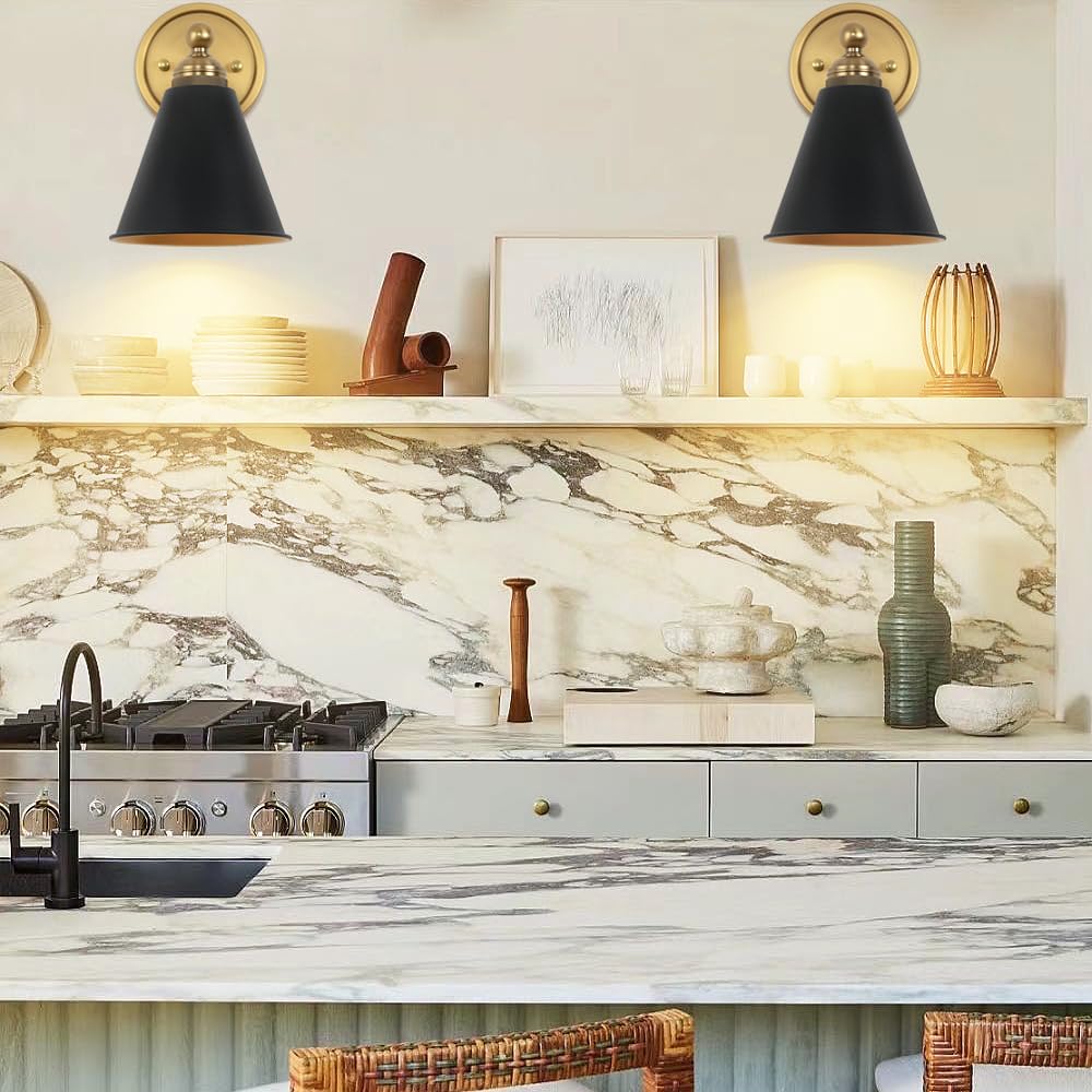 Heqiqeh Set Of 2 Modern Battery Operated Wall Sconces, Vintage Black And Gold Wall Lights Fixture With Remote Control, Dimmable