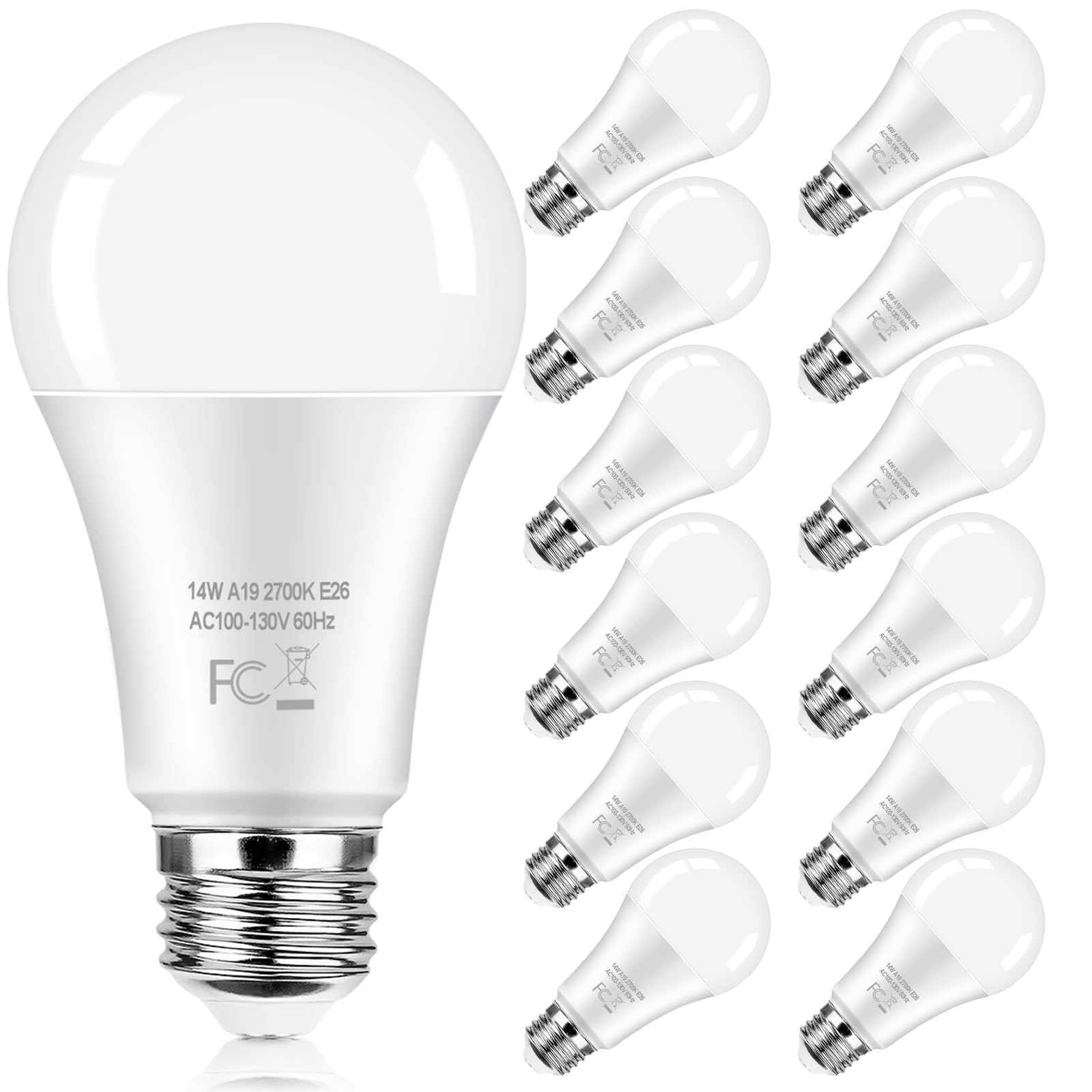 Kondras 12-Pack A19 LED Light Bulb 100 Watt Equivalent, 14W 1600LM Non-Dimmable Bright Light Bulbs, 2700K Warm White Standard E26 Base LED Bulbs for Kitchen Bathroom Home Lighting Lamp, 90+ High CRI