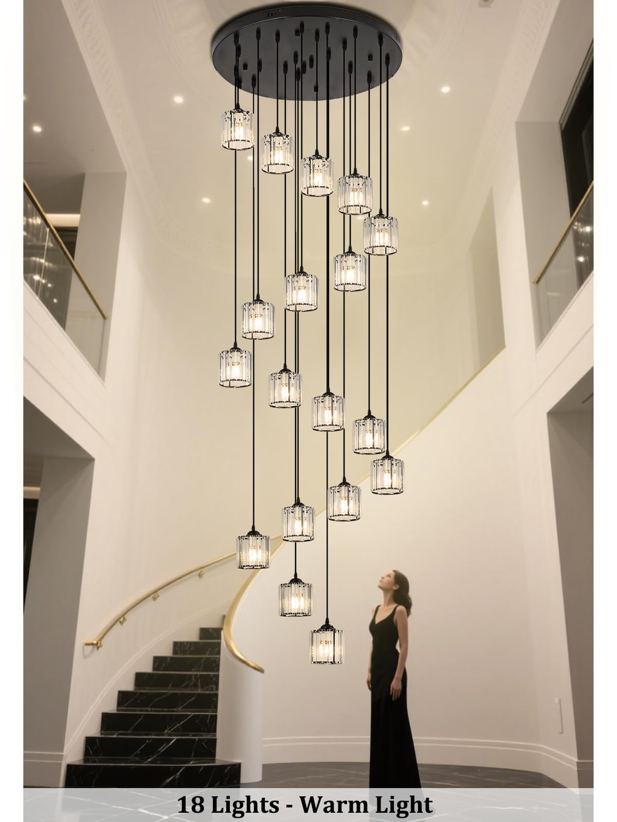 Meimond Modern Crystal Pendant Light, 18 Lights, Black Metal Raindrop Chandelier for High Ceilings, Foyer & Living Room, Model LTD-10