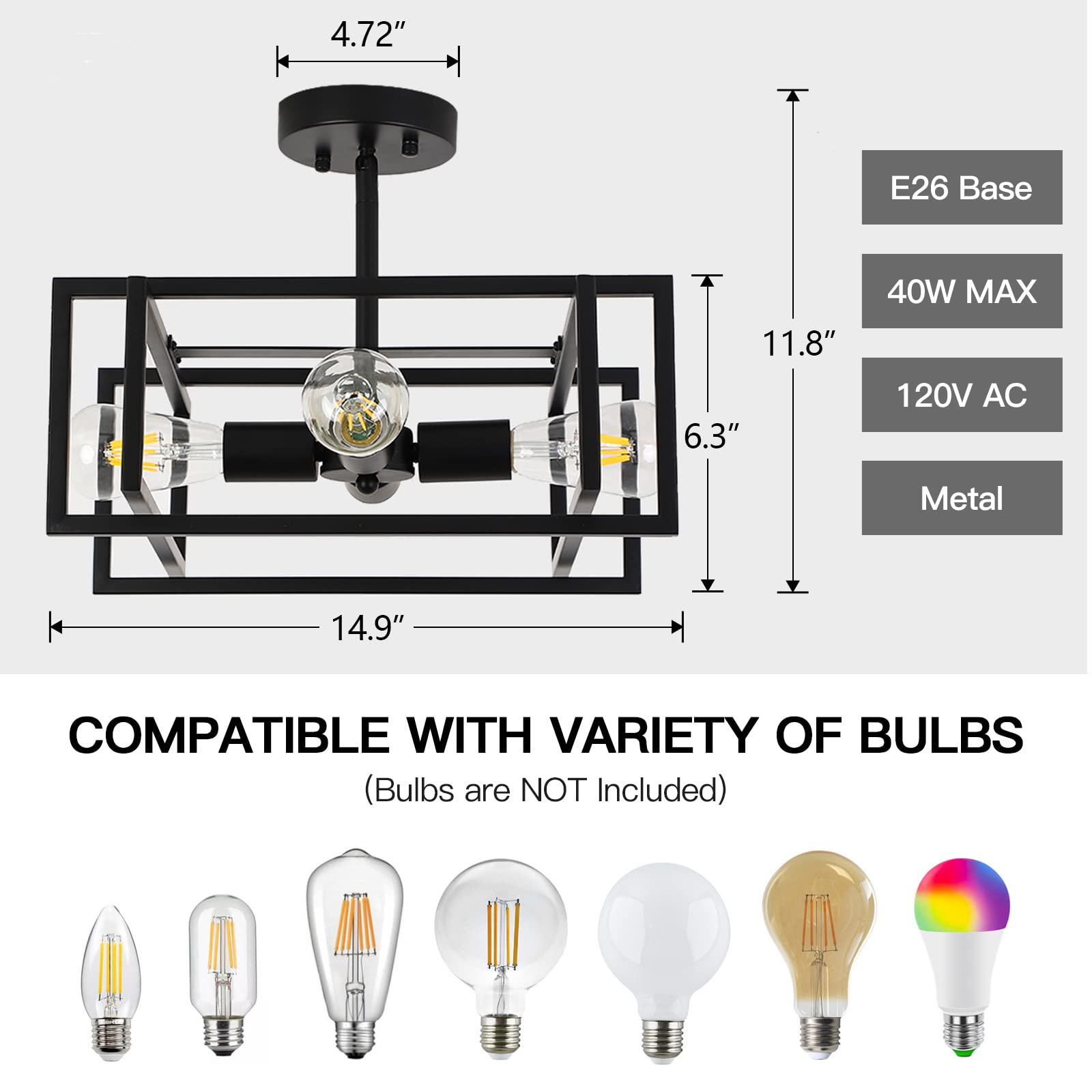 Minyuco 4-Light Black Metal Ceiling Light Fixture - Industrial Farmhouse Chandelier for Kitchen, Living Room, Bedroom, Hallway