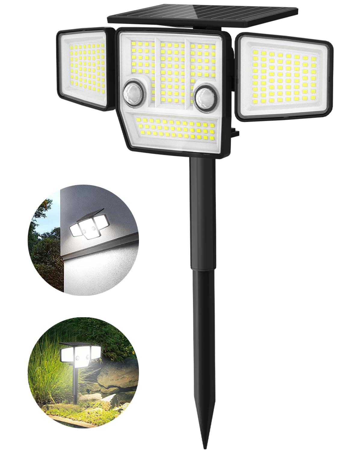 Solar Motion Light Outdoor with Stake, 180 PIR Motion Sensor 360 Illumination, In-Ground or Wall Mount, 236 LED 2500 Lumens Sola