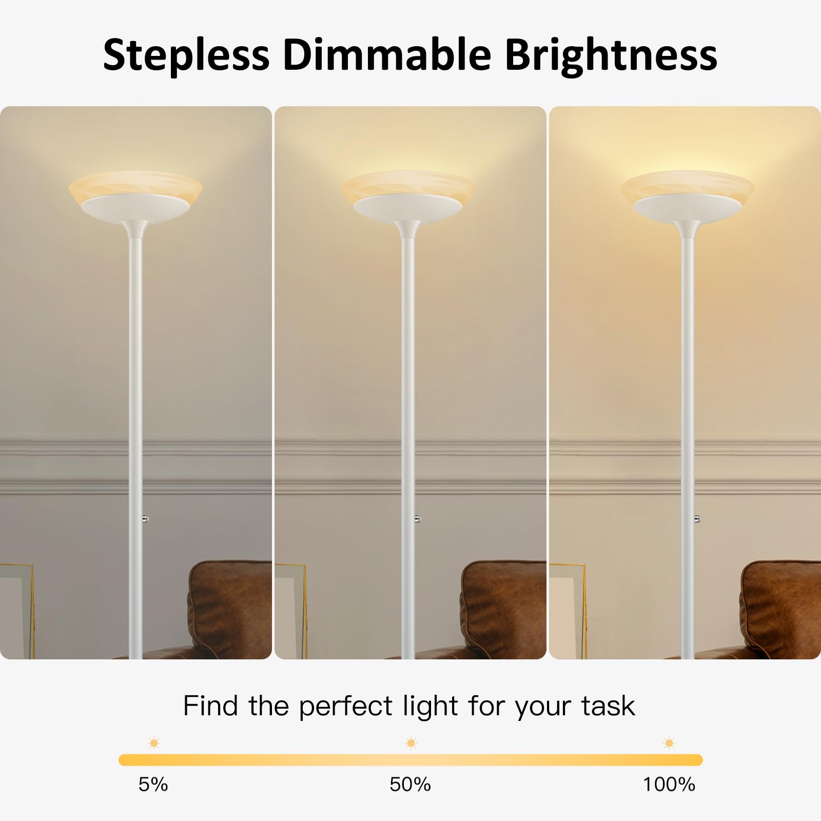 Boostarea Torchiere Floor Lamp, 24W Super Bright Led Standing Lamp, Stepless Dimmable Pole Lamp With 3000K Lighting, Glass Lamps