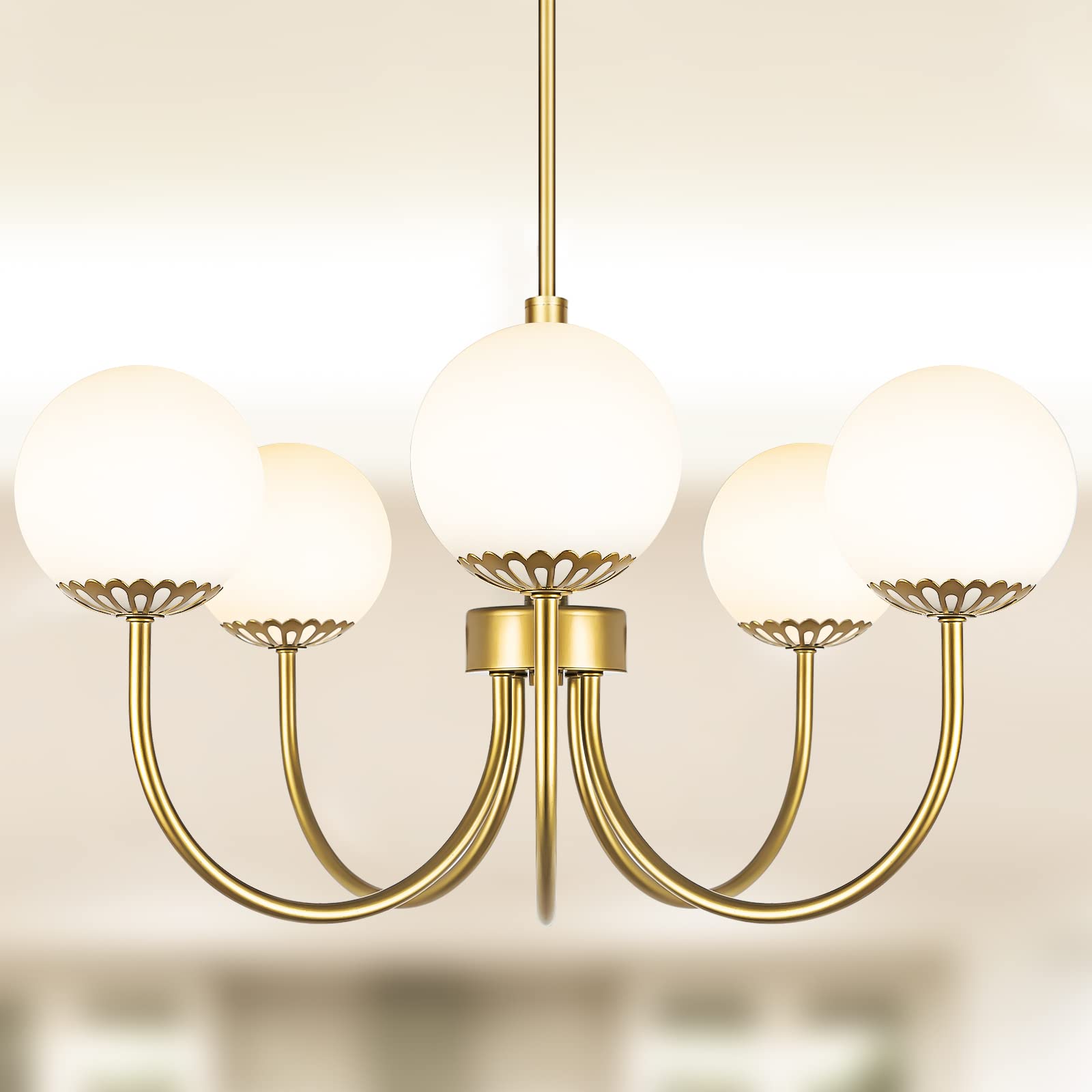 Yolsunes 5-Light Gold Chandelier  Globe Modern Sputnik Light Fixture with Frosted Glass  Vintage Semi-Flush Mount Ceiling Light for Dining Room  Large Pendant Lighting for Kitchen Living Room Bedroom