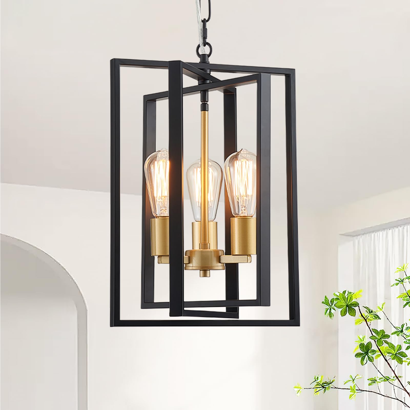 peskoe Black Gold Chandelier 3-Light, Modern Farmhouse Dining Room Light Fixture, Geometric Pendant Chandelier for Living Room K