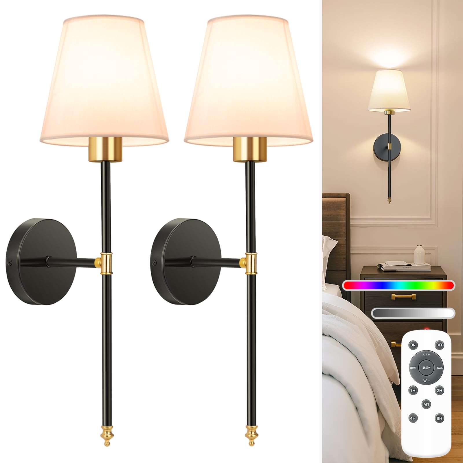 NIORSUN 19.9 inch Battery Operated Wall Sconce Set of 2 Gold-Black Rechargeable Wall Lights with 5200mAh Dimmable Detachable Bulbs and Remote 10 Colors Wireless Sconces for Bedroom Living Room Hallway