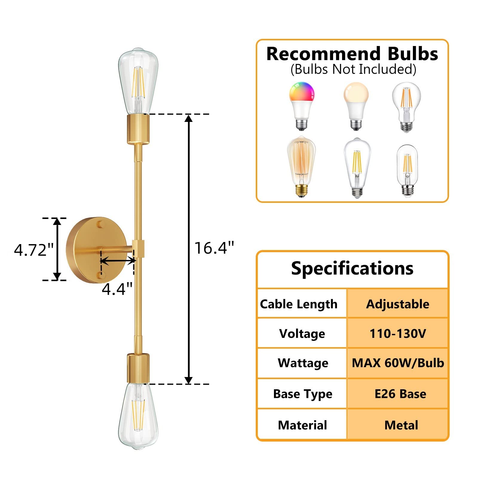 FadimiKoo 2-Light Gold Wall Sconces, Modern Brushed Brass Lighting Fixture, 1 Pack
