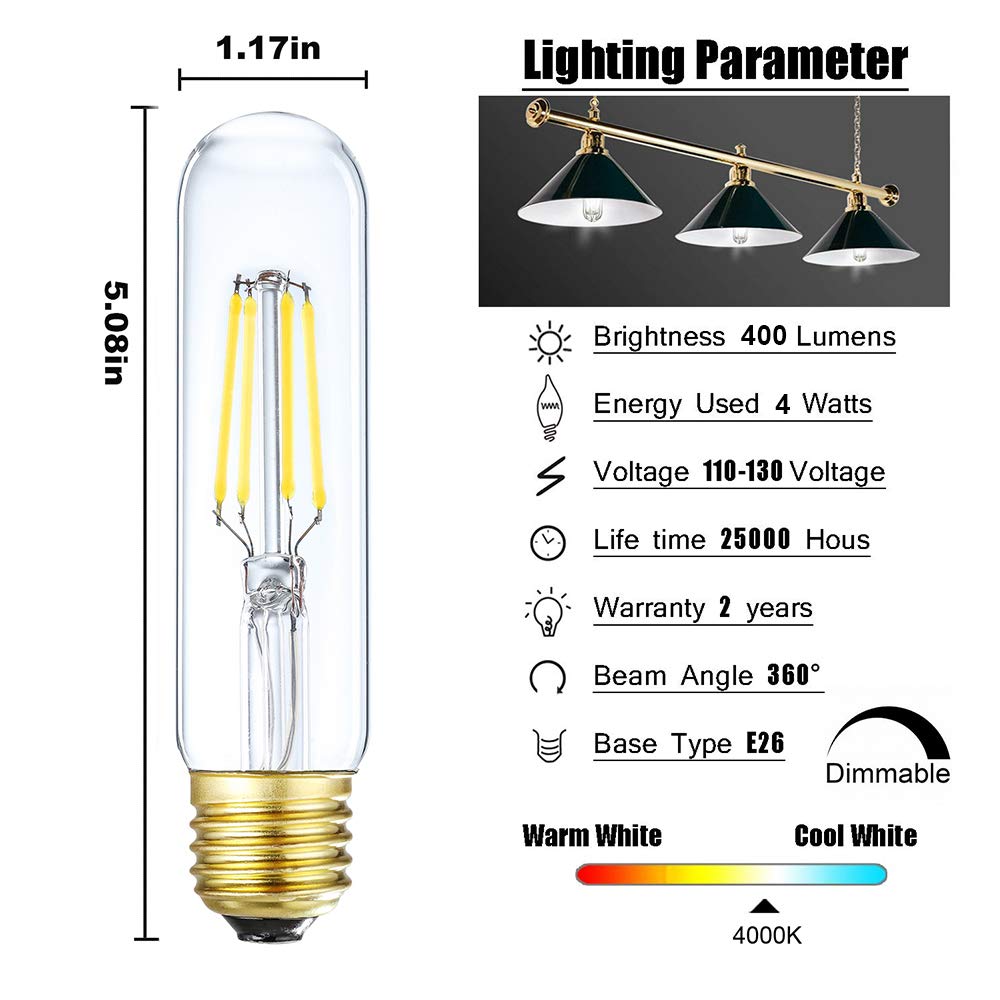 Leools Dimmable Edison Led Tubular Bulb T10,4W Vintage Led Filament Light Bulb 40W Incandescent Bulb Equivalent, 4000K Daylight,