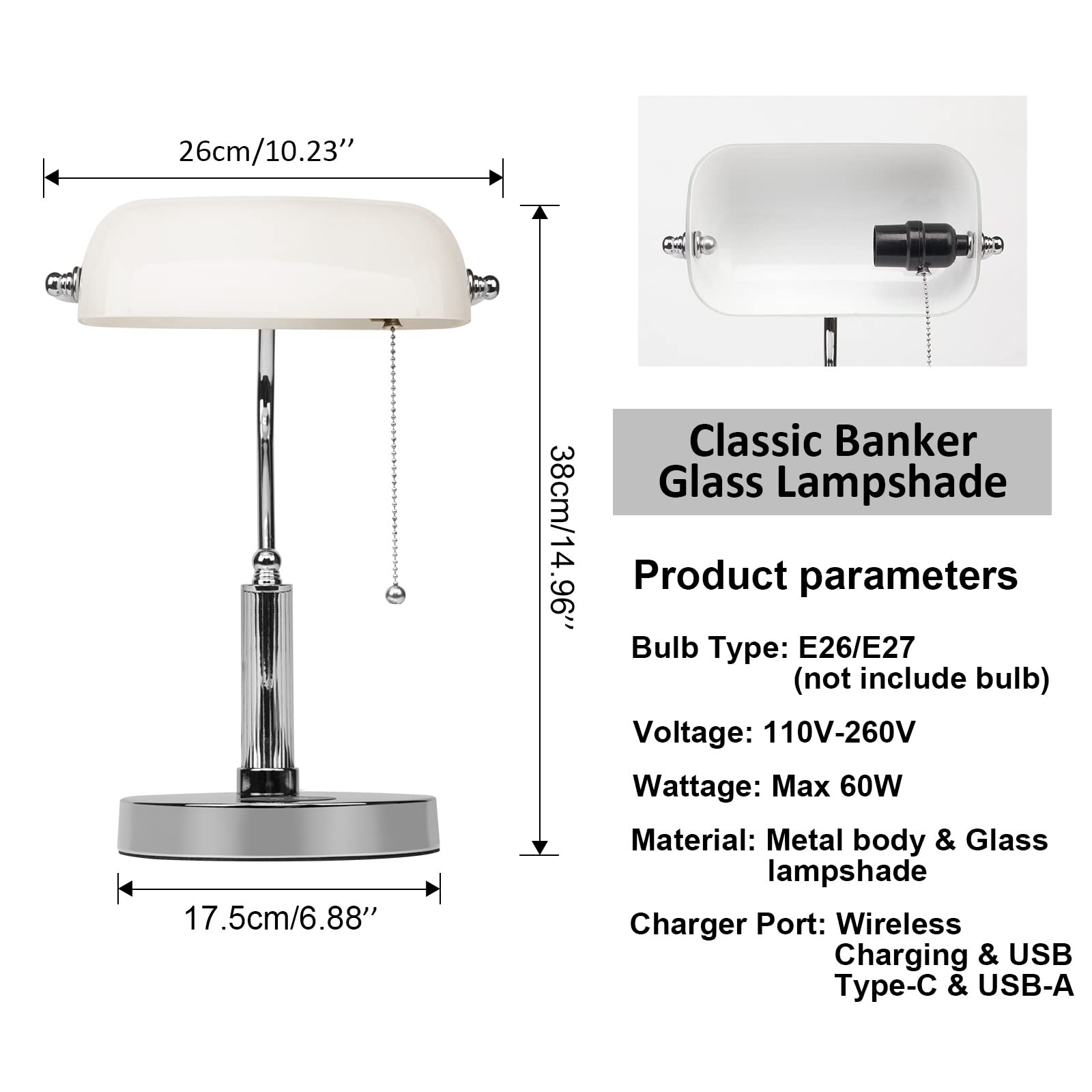 FIRVRE Bankers Lamp, White Glass Desk Lamp with Wireless Charger and 2USB Charging Port,Pull Chain Switch Lamp with Metal Base,M