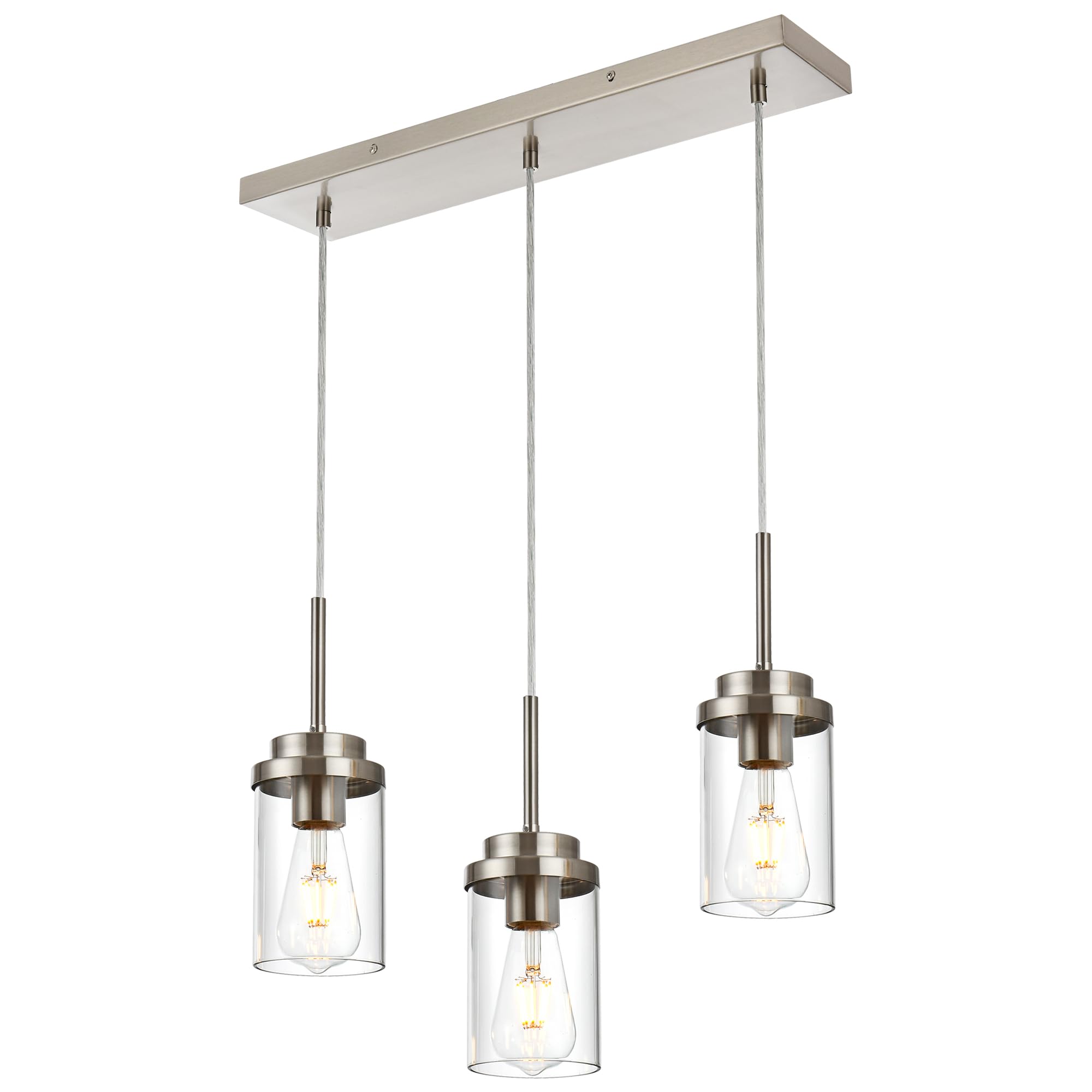 Melucee Kitchen Pendant Lighting Over Island 3 Lights Linear Chandelier Brushed Nickel Finish Dining Room Light Fixtures Ceiling Hanging Lamp With Clear Glass Shade, 23.6 Inches Length