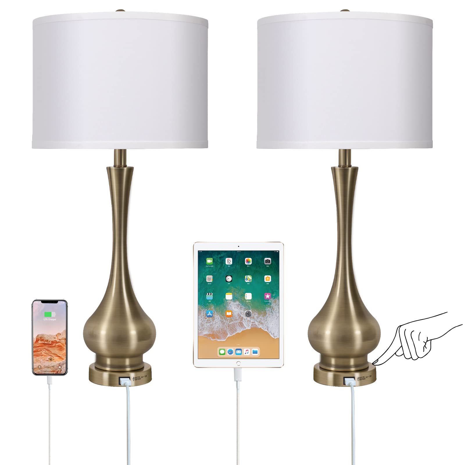 Touch Lamp For Bedrooms Set Of 2, 3-Way Dimmable Nightstand Lamp Sets With Linen Fabric Shade, Bedside Lamp With Usb Port & E26