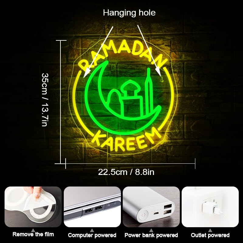 WLHOPE Neon Wall Sign - Dimmable Ramadan Kareem Decoration - Acrylic LED Light for Bedroom & Living Room