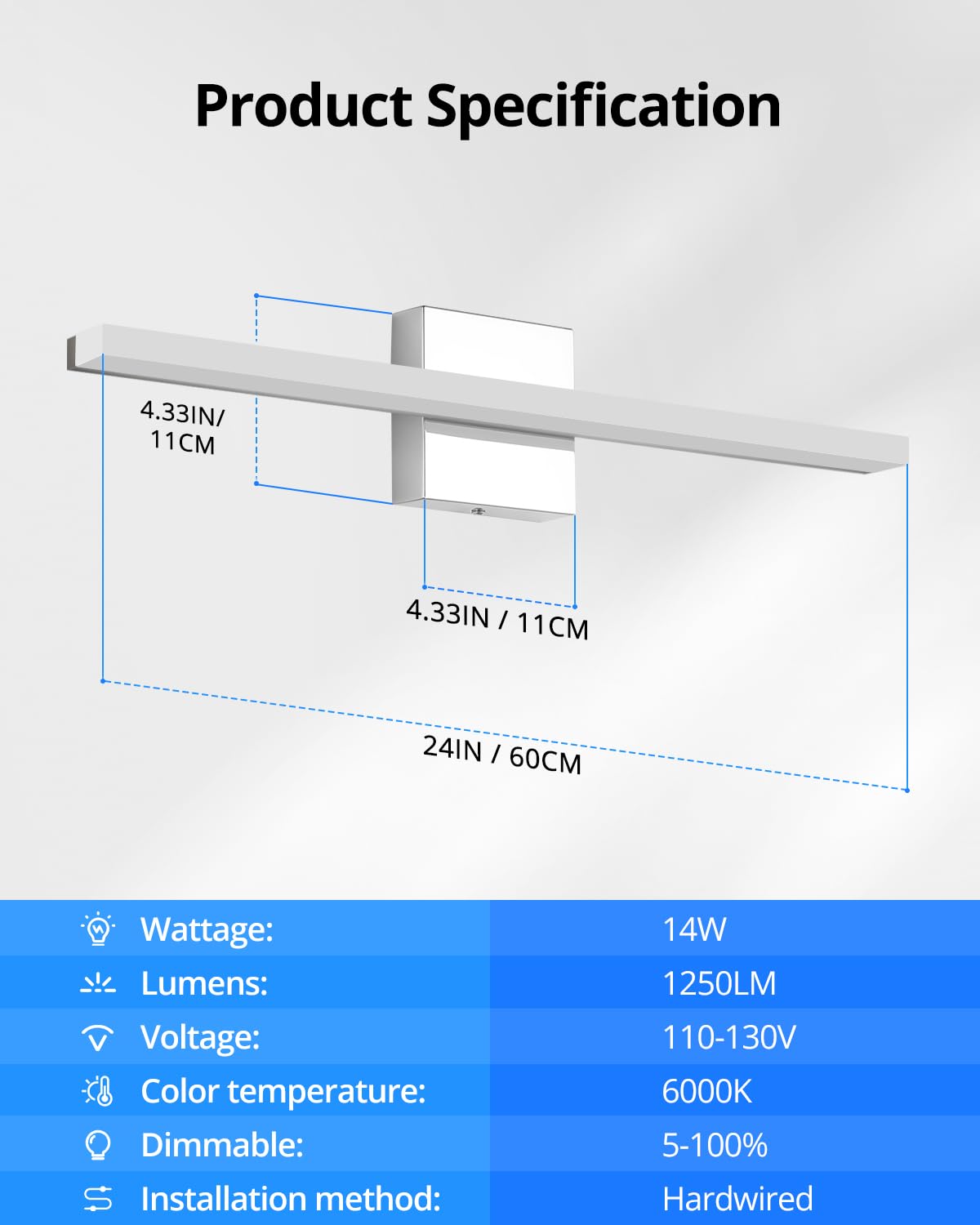 Combuh 24" Dimmable Led Bathroom Vanity Light Bar, Ip44 Over Mirror, 6000K Chrome Sconce