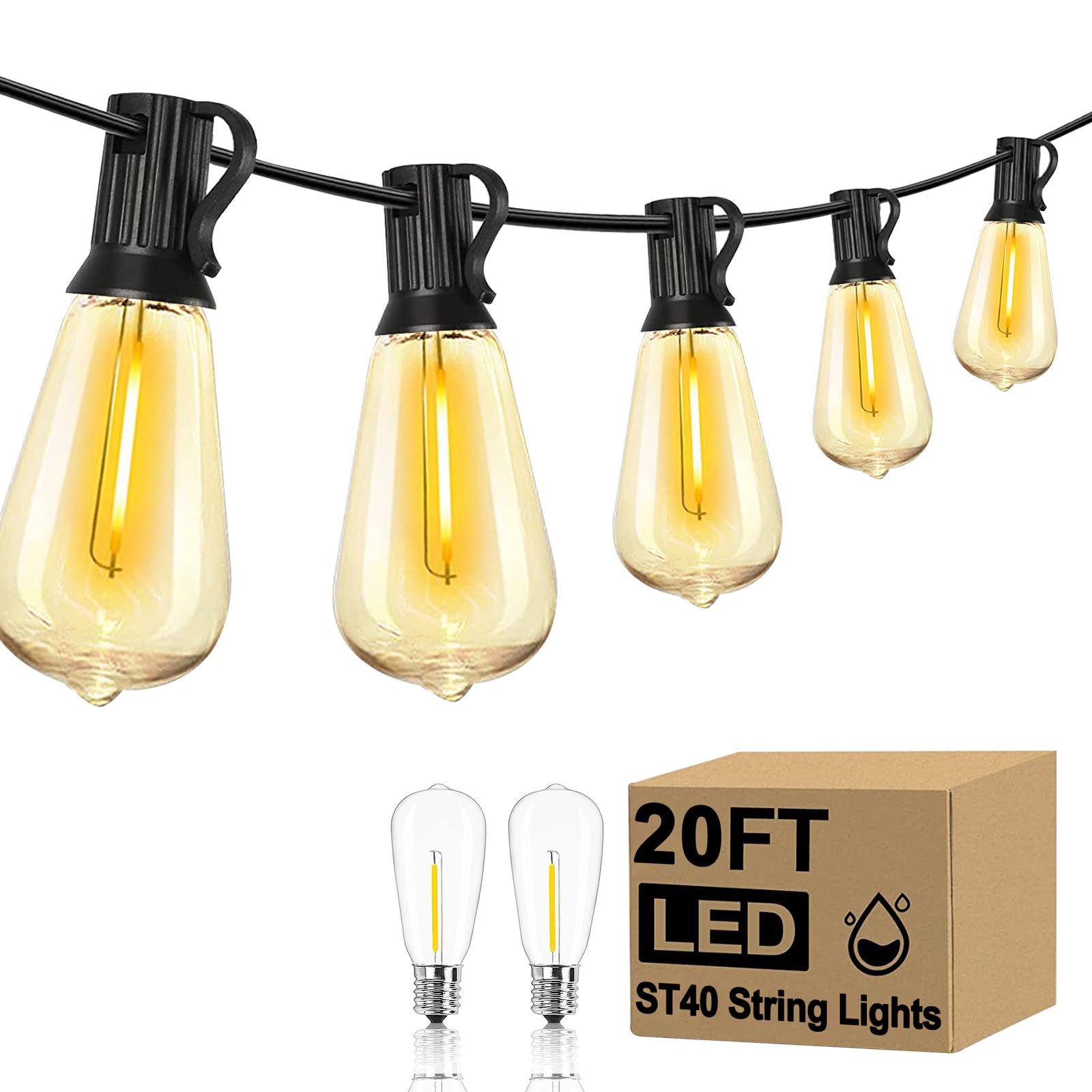 Konictom LED Outdoor String Lights, 20FT, 22 Shatterproof ST40 Vintage Bulbs, Waterproof, Black