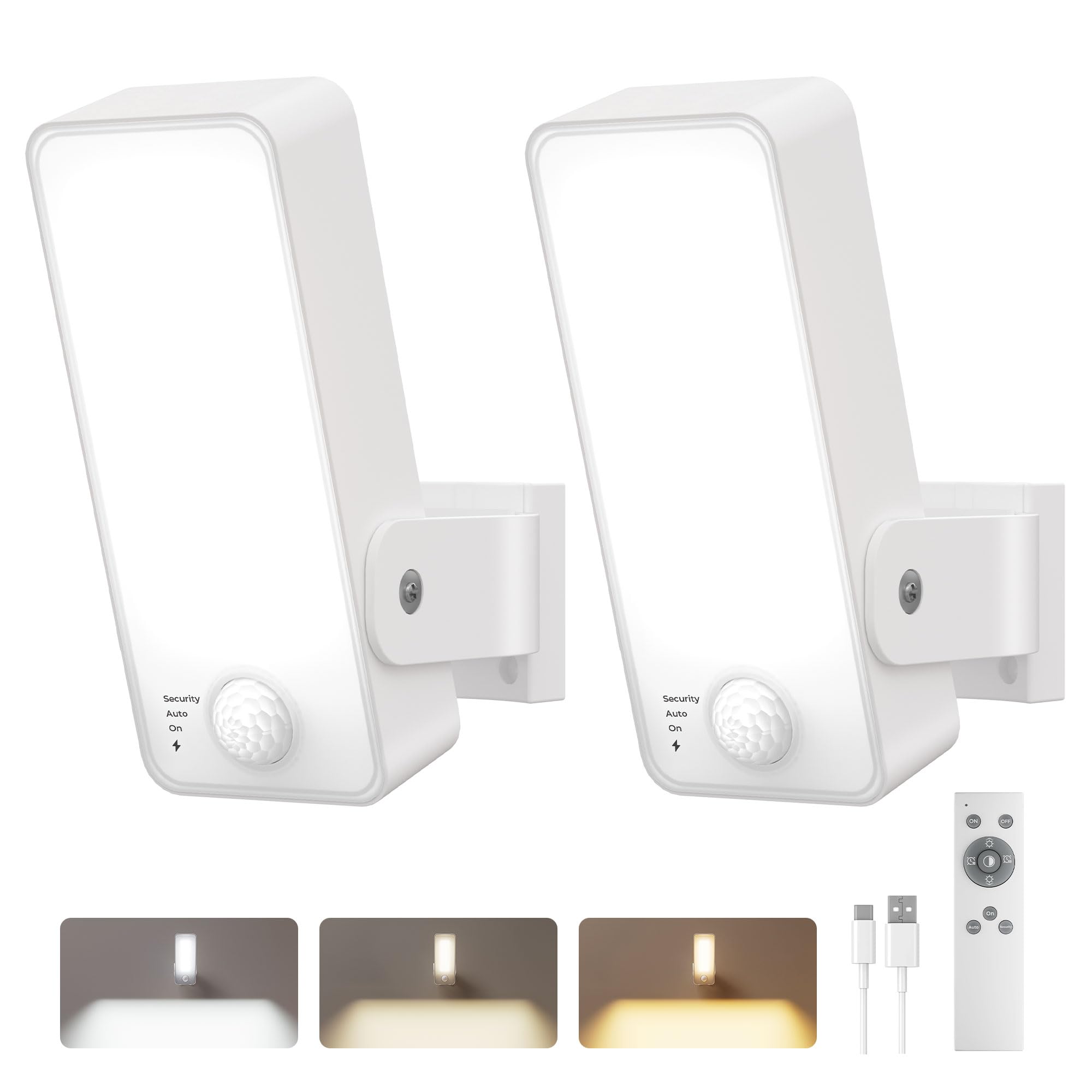 PopoIron 2 Pack Motion Sensor Outdoor Lights, 10000mAh Rechargeable 600 Lumen Battery Operated Outdoor Lights with 3 Modes, 3 Co