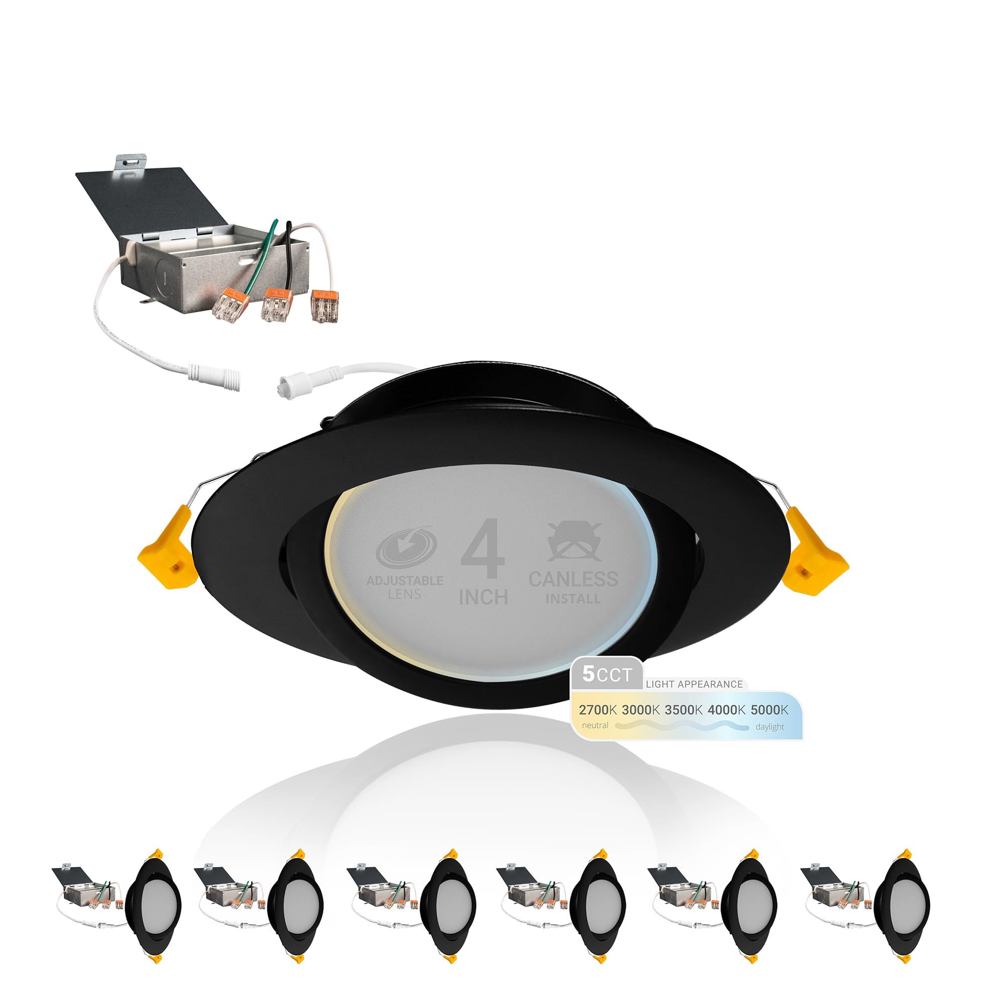 NUWATT Black 4 Inch Gimbal LED Recessed Lighting  2700K/3000K/3500K/4000K/5000K Selectable  630LM  Dimmable  Damp Rated  Adjustable Lens Canless Lights for Sloped Ceiling  Metal Junction Box  6 Pack