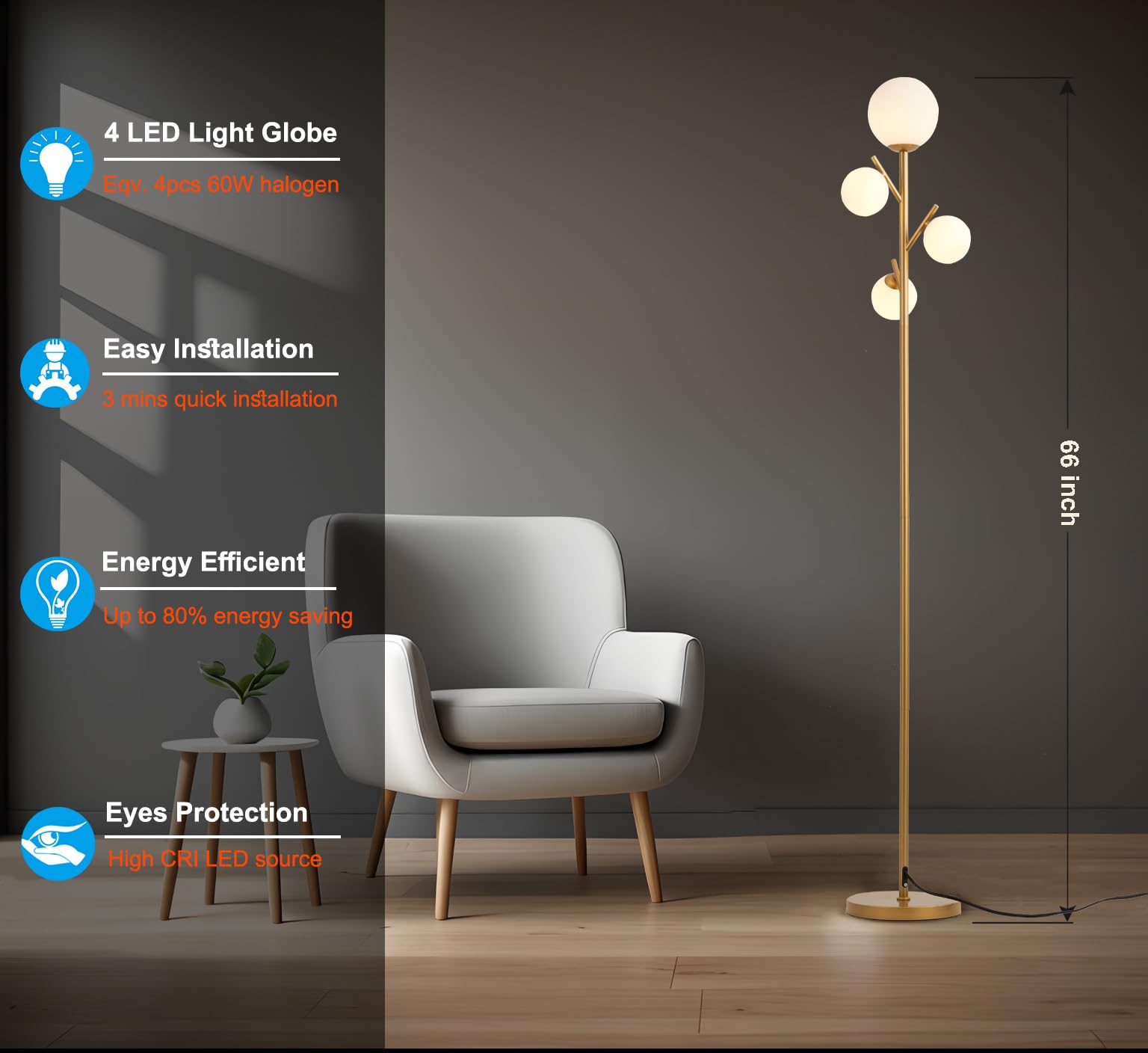 Fiqevs Modern 4 Globe Gold Floor Lamp With Frosted Glass, Mid Century Design, 3000K Led
