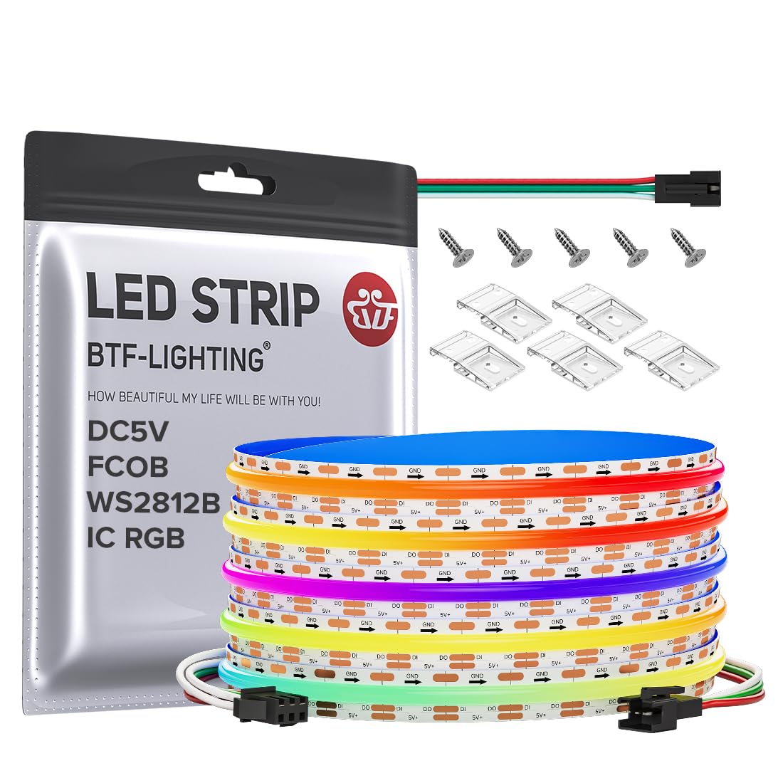 BTF-LIGHTING FCOB COB WS2812B IC RGB LED Strip DC5V 13.1FT Individual Addressable 160Pixel/m 640LEDs 640IC Dream Color IP30 Non-