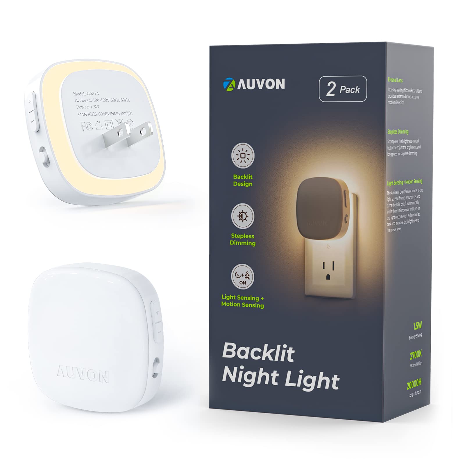 Auvon Plug-In Led Backlit Night Light With Motion Sensor & Dusk To Dawn Sensor, Dimmable Warm White Nightlight With 1-50 Lm Adjustable Brightness For Bathroom, Bedroom, Hallway, Stairs (2 Pack)
