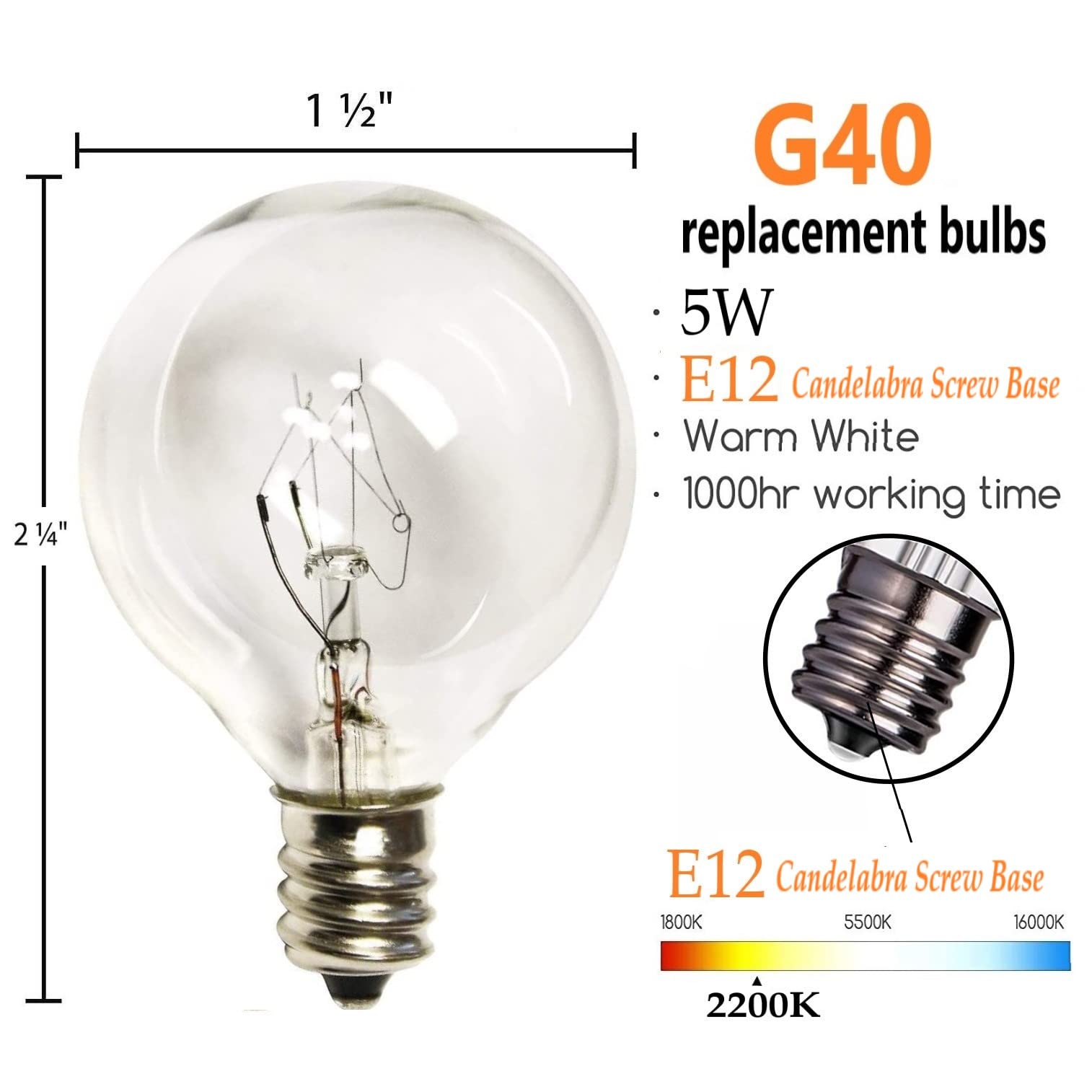Abeja G40 Replacement Light Bulbs, 5W Clear Globe Bulb Fits E12/ C7 Candelabra Screw Base Sockets, 1.5 Inch Clear Light Bulbs Fo