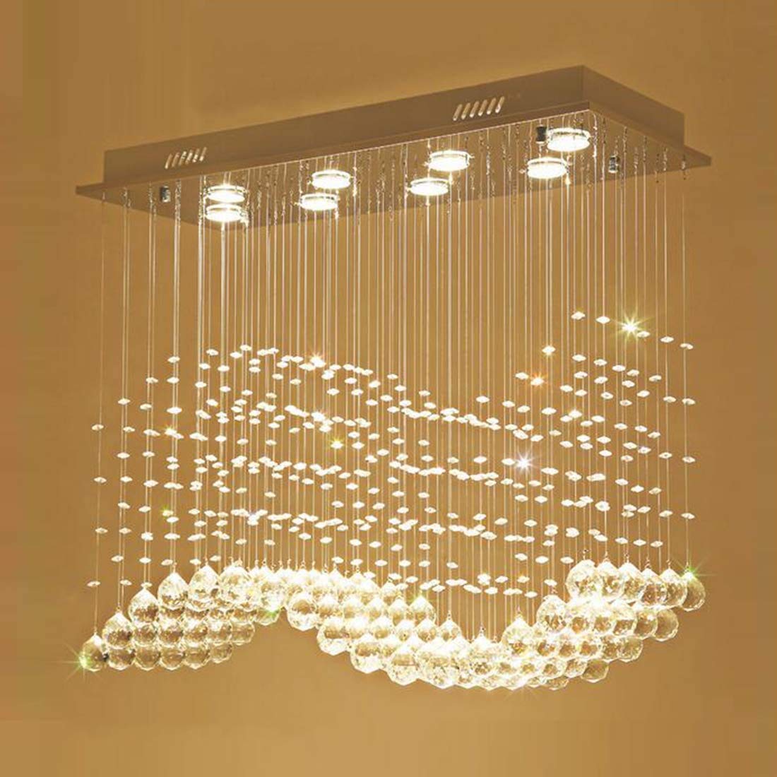 Siljoy Modern Wave Raindrop Crystal Chandelier Rectangular Pendant Flush Mount Ceiling Light For Dining Room Living Room Length