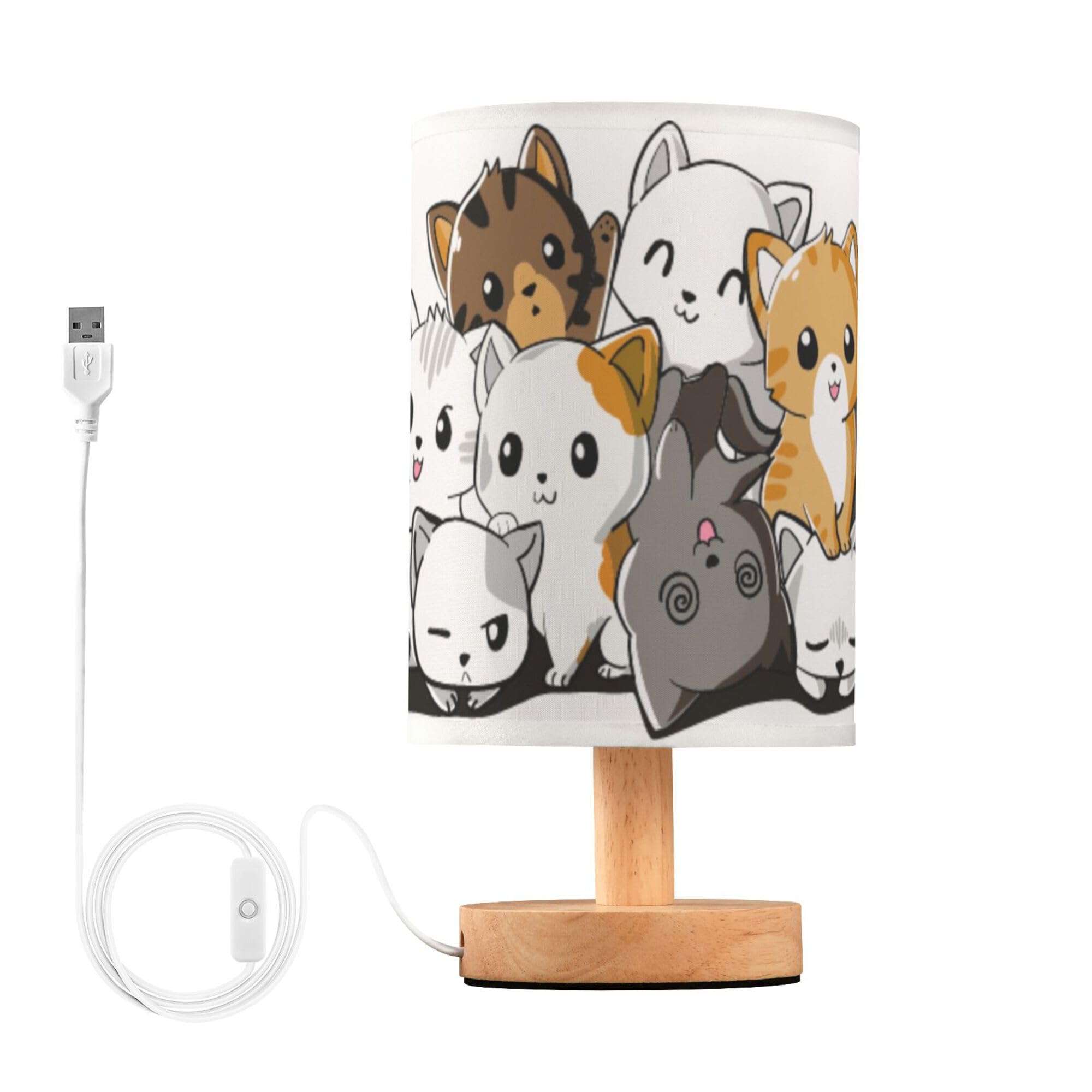 YYZZH Table Lamp Cute Cartoon Cat Kitten Kitty Nightstand Lamp with Wood Base Fabric Lamp Shade Bedside Desk Lamp for Living Roo