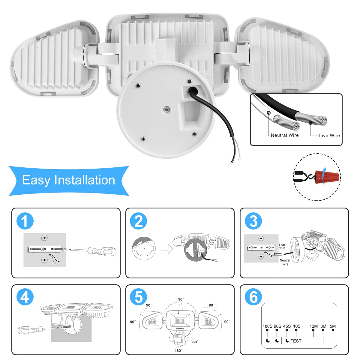 Meikee 42W Led Motion Sensor Flood Light, 3600Lm, 6500K, Ip65 Waterproof, White, 3 Adjustable Heads For Garage, Yard, Garden