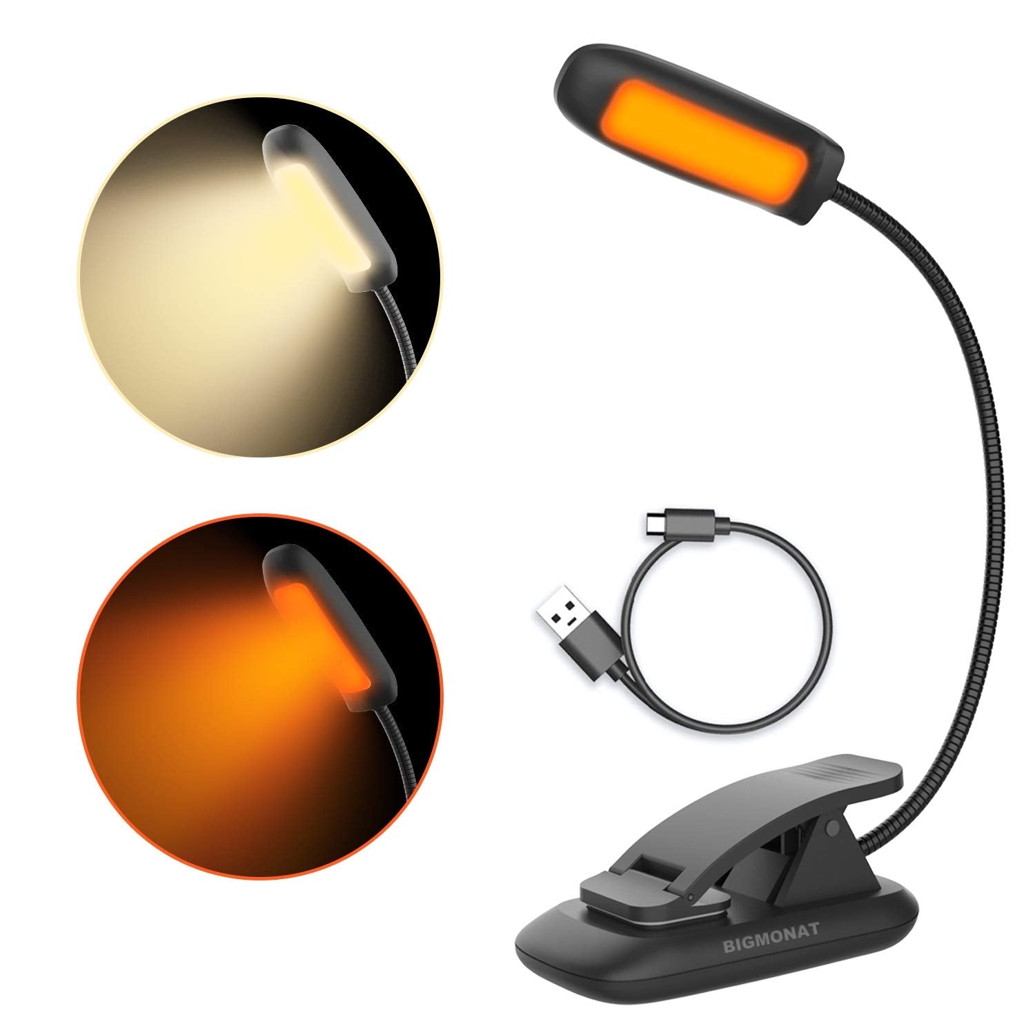 BIGMONAT LED Book Reading Light - Rechargeable, Adjustable Brightness, Portable, USB, Black, Model B94-A