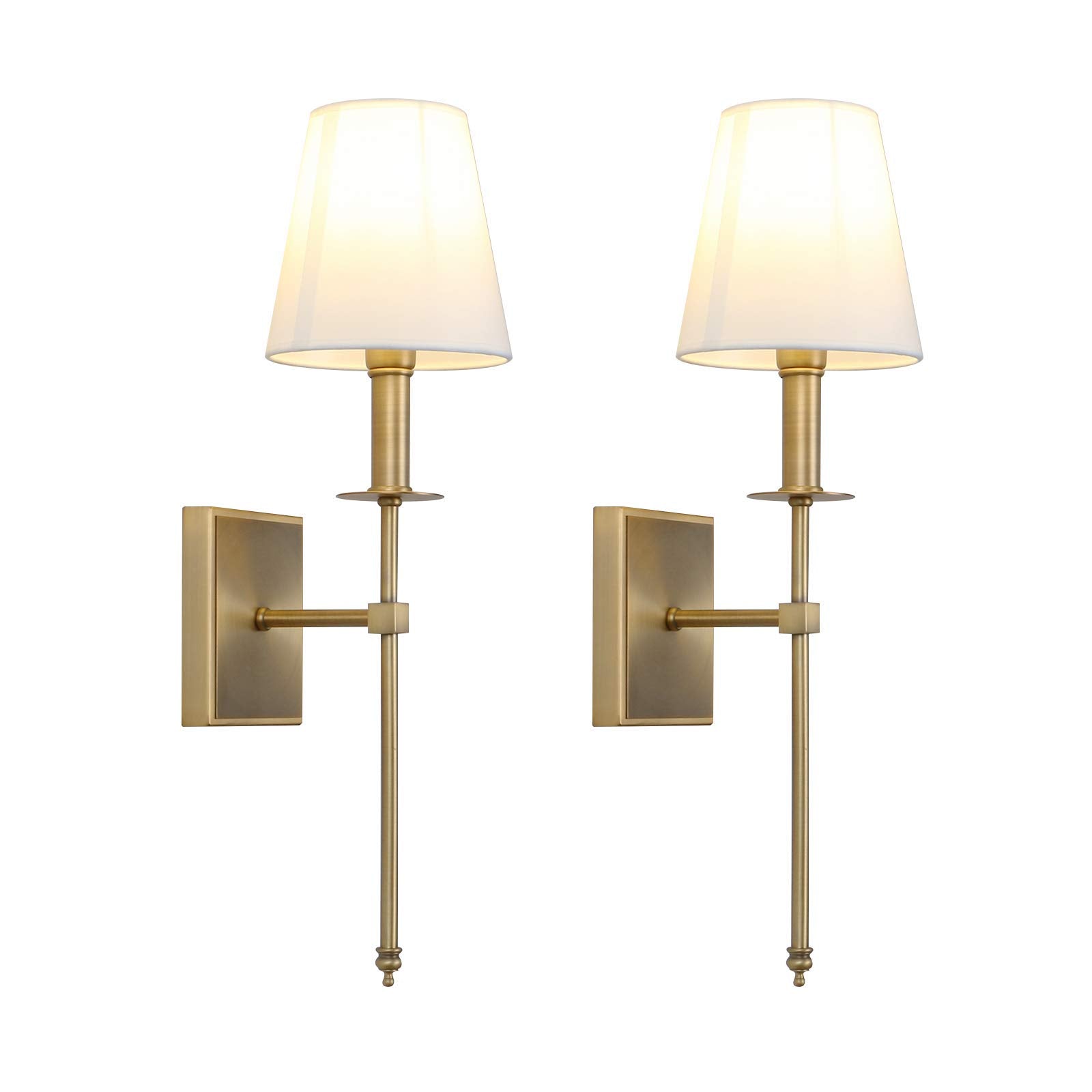 PERMO Set of 2 Classic Rustic Industrial Wall Sconce Lighting Fixture with Flared White Textile Lamp Shade and Antique Brass Tap