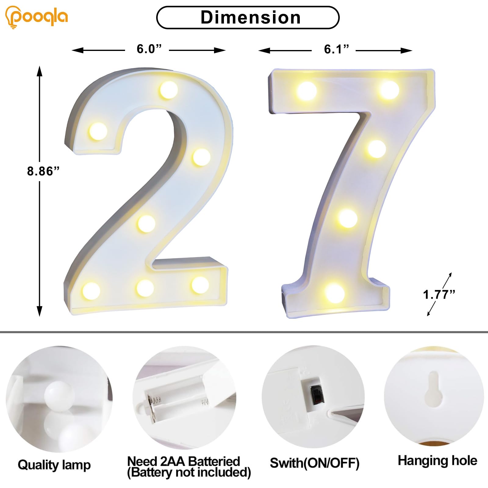 Pooqla Decorative Led Light Up Number Letters, White Plastic Marquee Number Lights Sign For 27Th Birthday Party Wedding Decor Battery Operated Number (27)