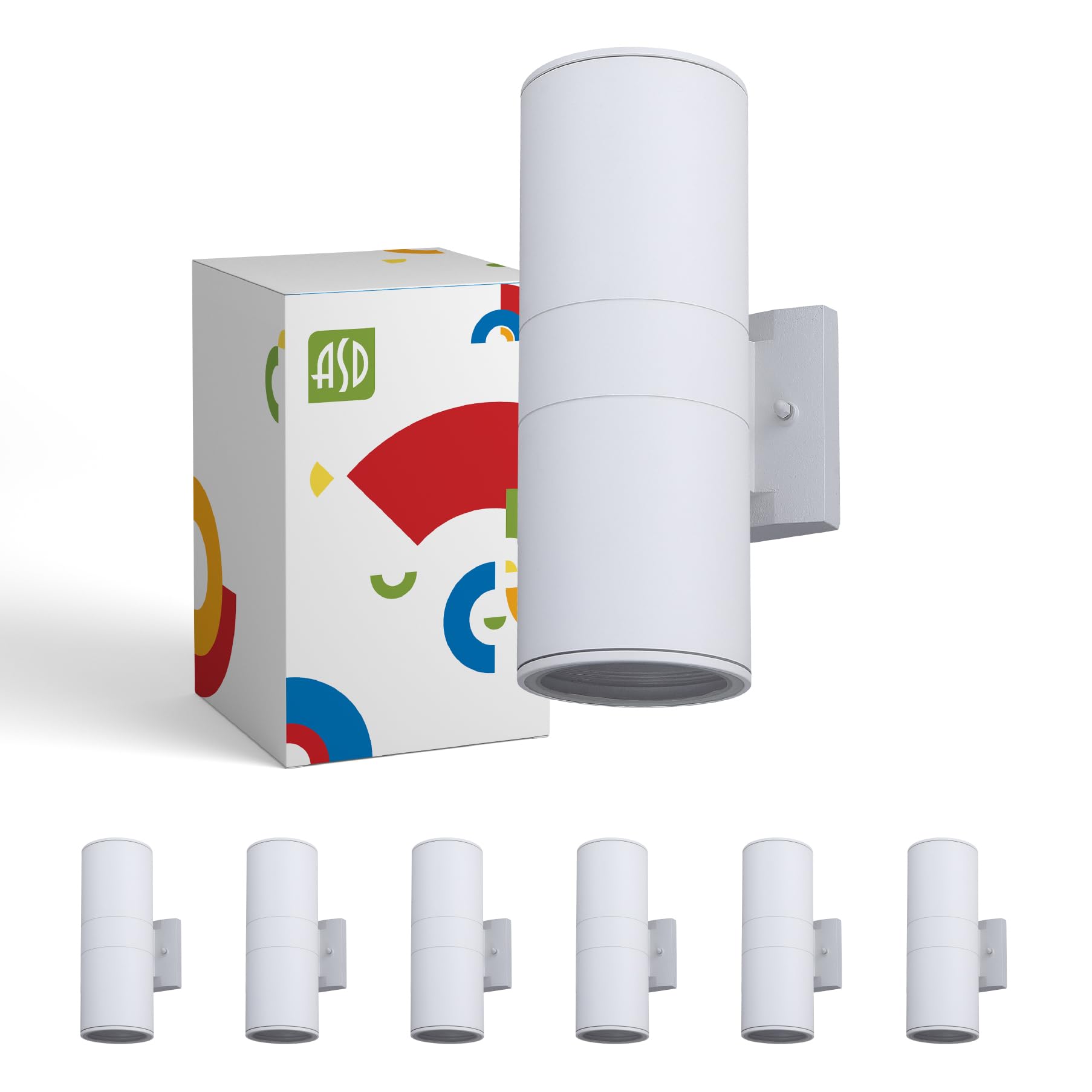 ASD 2 Light Outdoor Wall Light Fixture | 120W E26 Bulb Socket 120V ETL Cylinder Up Down Lights | LED/CFL/Incandescent Bulb Exterior Wall Sconce | Front Door  Porch  Patio Lighting | White  6 Pack