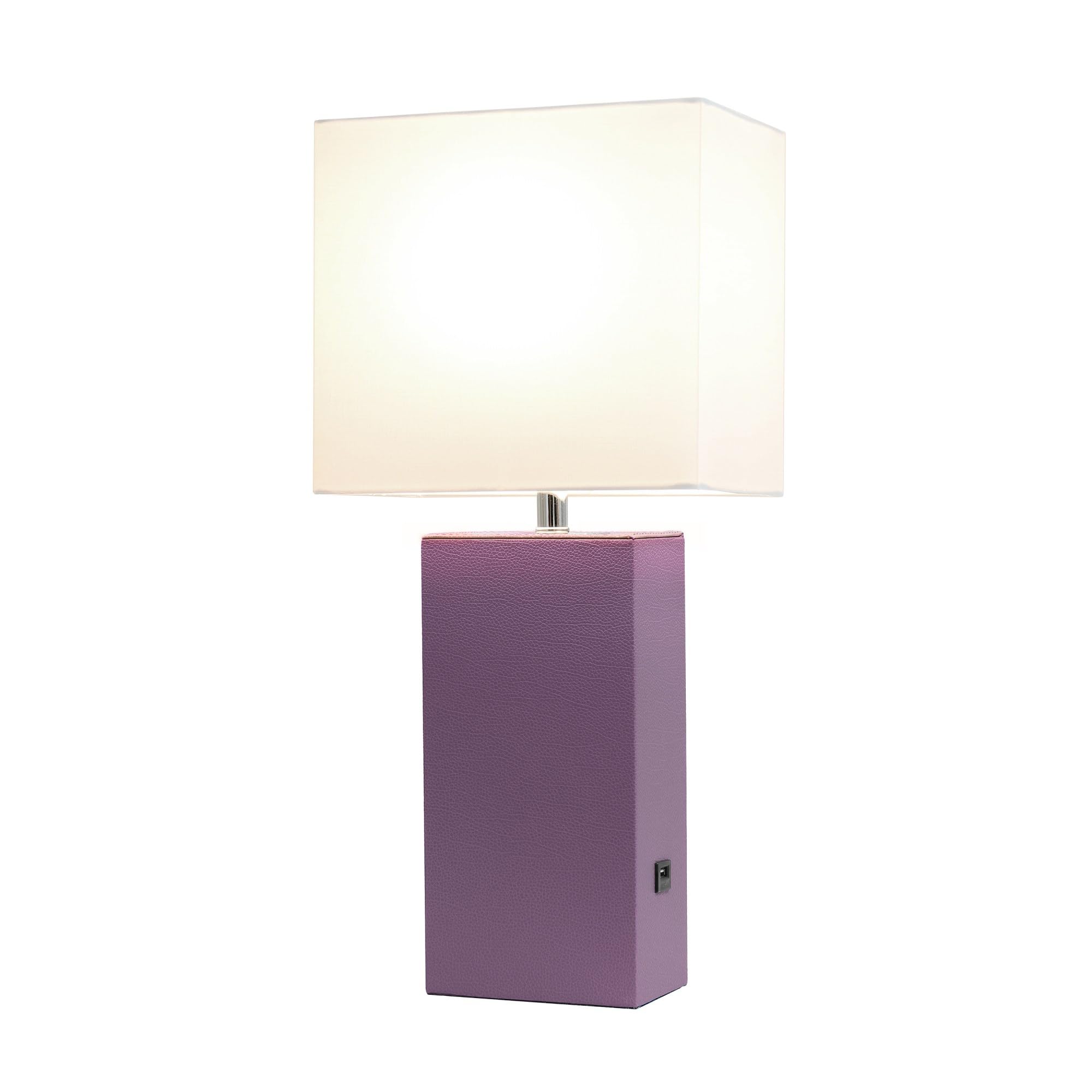 Elegant Designs Lt1053-Prp Modern Leather Usb And White Fabric Shade Table Lamp, Purple (Pack Of 1)