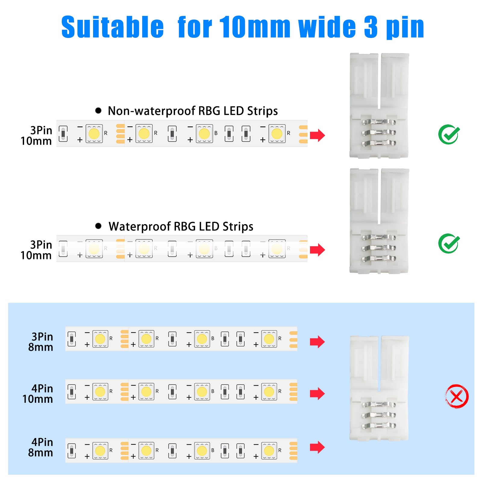 56Pcs 3-Pin 10Mm Led Strip Lights Connectors Kit - Solderless, Extendable Terminal Adapters For Ws2811 & Ws2812 & Sk6812 Rgb Led