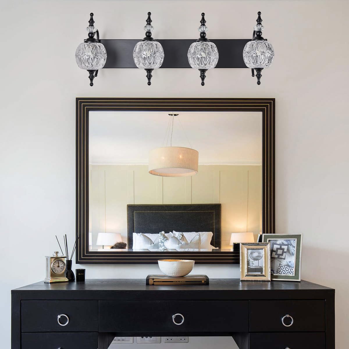 TLOLGT Bathroom Vanity Light Fixtures, 4 Lights, Black Glass Shade, Model W555-4B