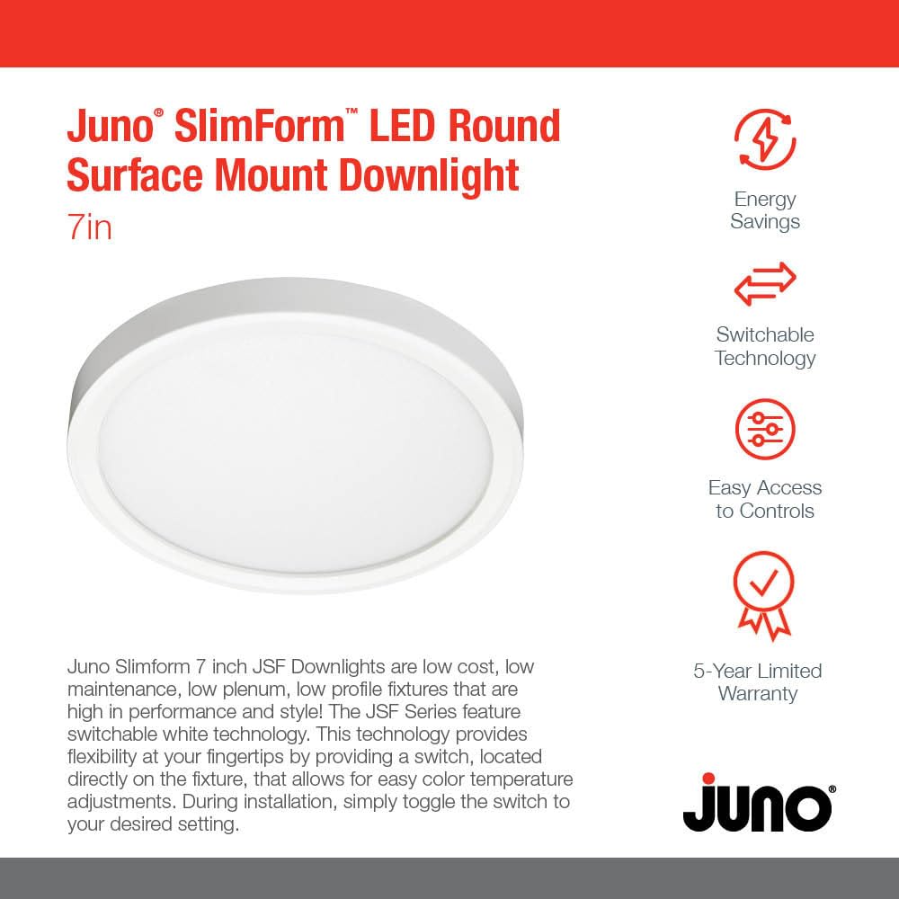 Juno Jsf 7In 10Lm Sww5 90Cri 120 Frpc Wh M12 Slimform Led Surface Mount Downlight, Switchable Color Temperature, Round, 7 Inch