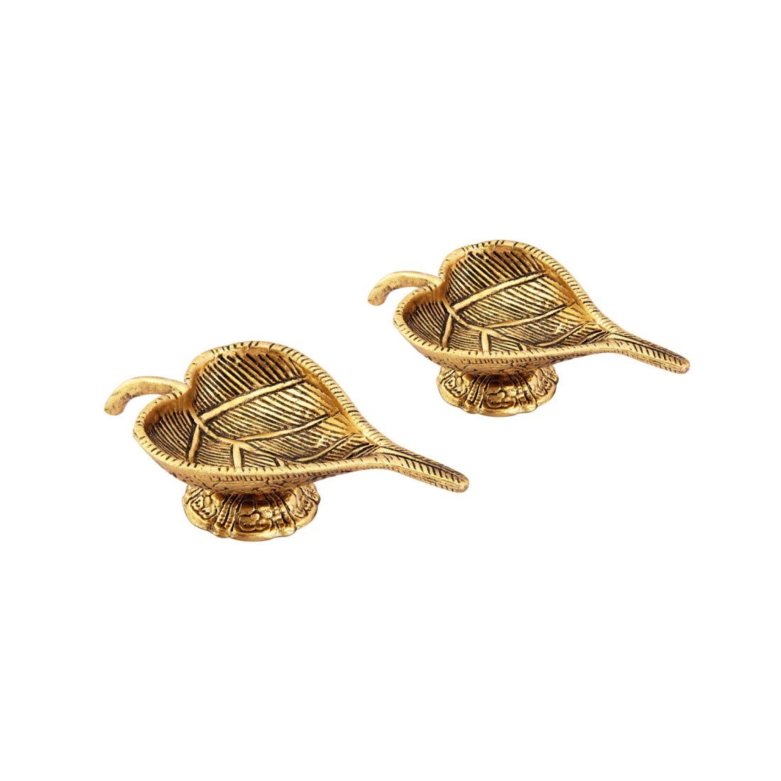 Handicrafts Paradise Leaf Shaped Diya Pair - Antique Gold Plated Metal, 3 X 5 Inches, Golden Finish, Model Oxm18146