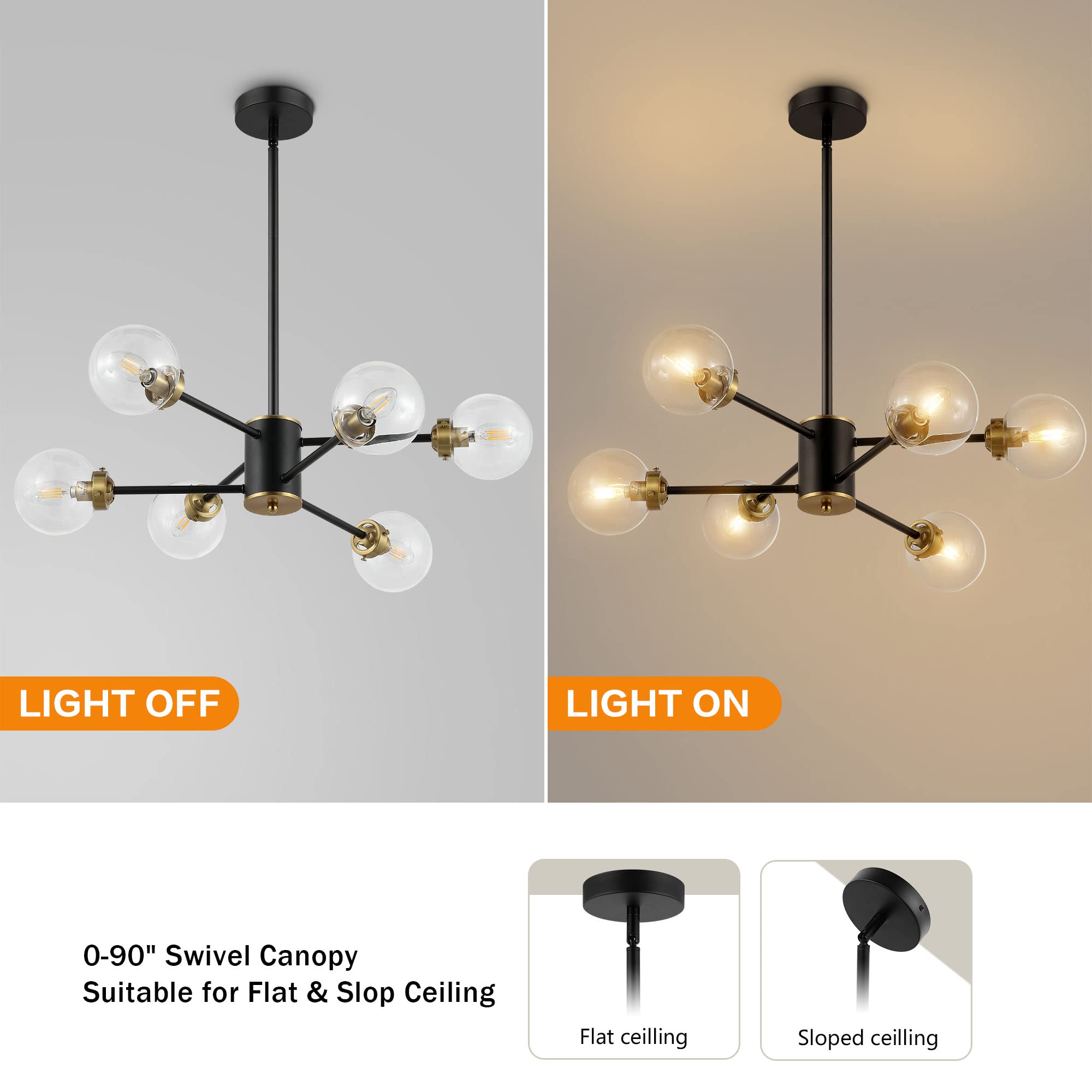 Wingbo 6-Light Sputnik Chandelier, Modern Pendant Light Fixture With 4.7" Clear Glass Globe Shade For Flat And Slop Ceiling, Height Adjustable For Kitchen Living Room Dining Room Bedroom, Black
