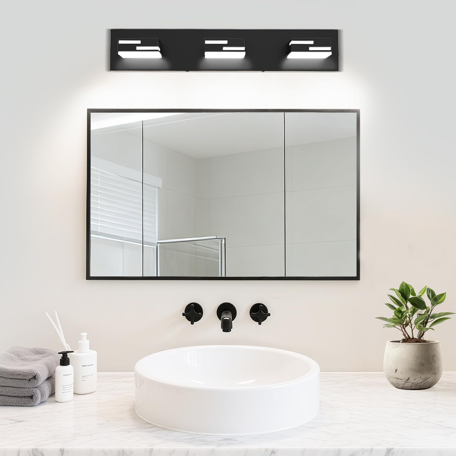 LKHF 3-Light LED Bathroom Vanity Light, Dimmable Matte Black, 22-inch, 350° Rotatable Acrylic Heads, Cool White 6000K
