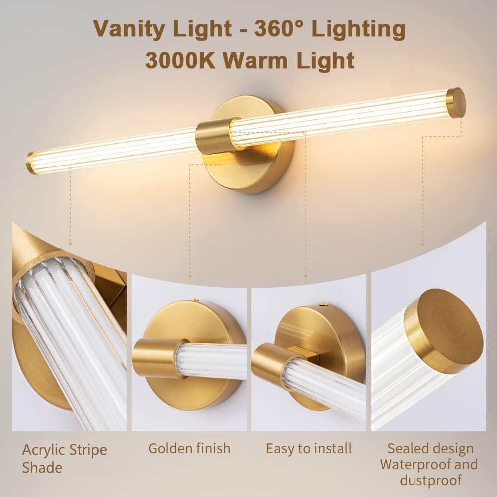 Gednbo Led Bathroom Light Fixtures Gold Bathroom Vanity Lights Over Mirror 360° Full Lighting Dimmable Led 22 Inch Vanity Light Bar Modern Wall Sconce Warm Light For Bedroom Living Room