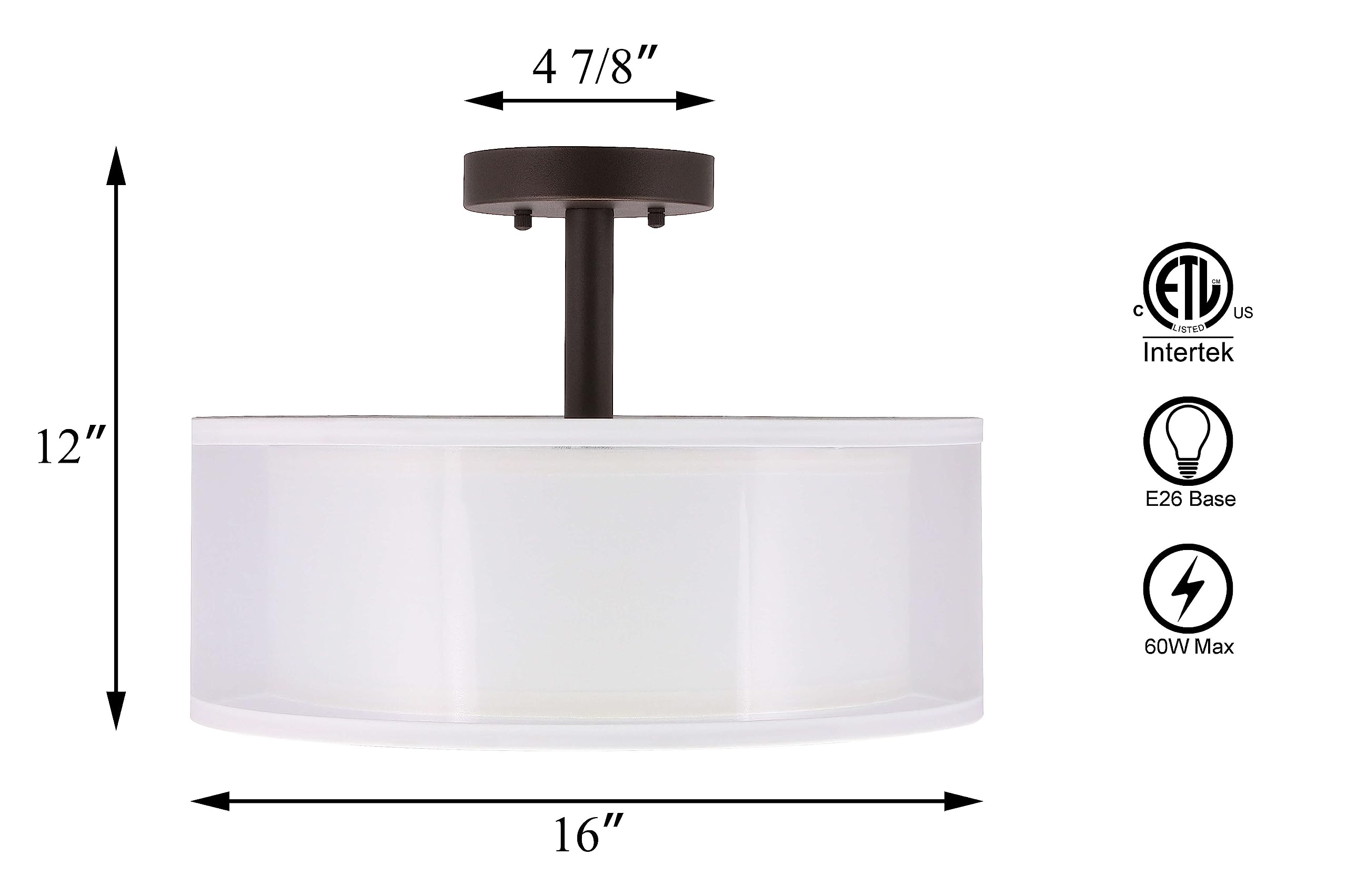 XiNBEi Lighting Semi Flush Mount Ceiling Light, 16" Drum, Dark Bronze Fabric Shade, Model XB-SF1194-DB for Living Room & Bedroom