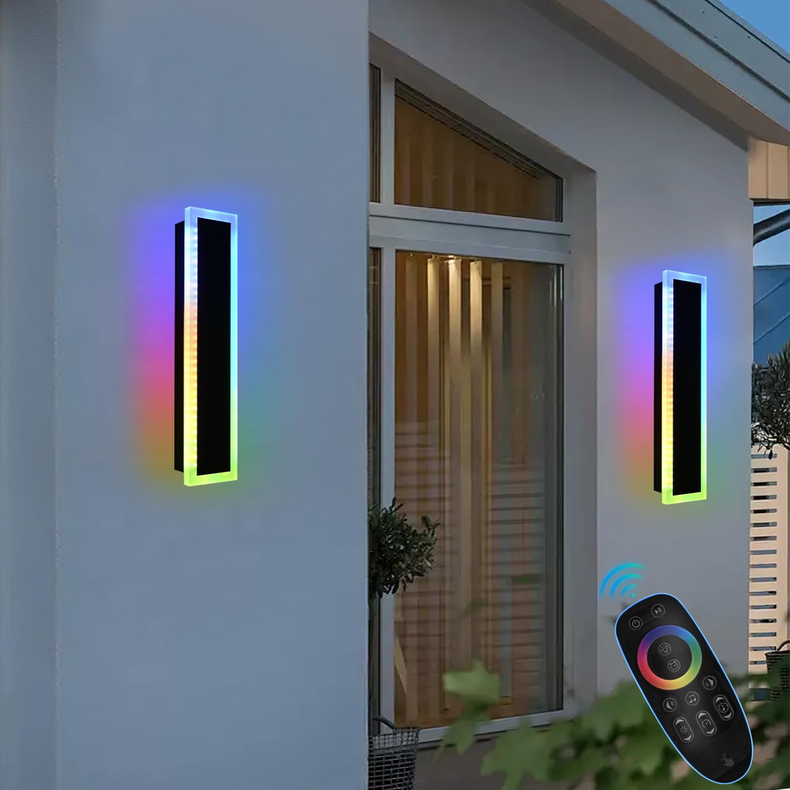 QueeuQ RGB LED Outdoor Wall Lights, 24 inch Dimmable Metal Fixture, 2 Pack, Model 11-SZ-9970-RGBCW-12W-24in