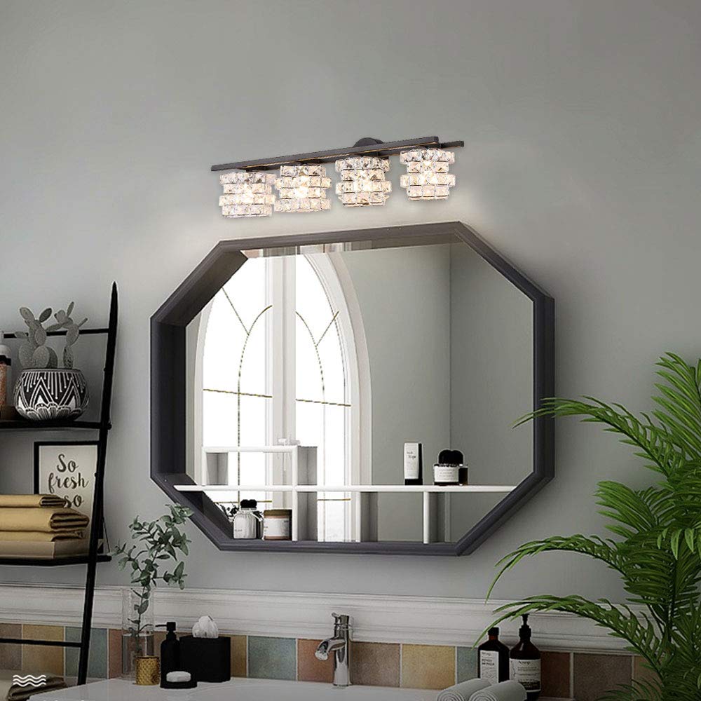 BDL Bathroom Vanity Light Fixture, 4 Lights, Black Crystal Shade, Model 8800-4T, Modern Wall Sconce (Bulb Excluded)