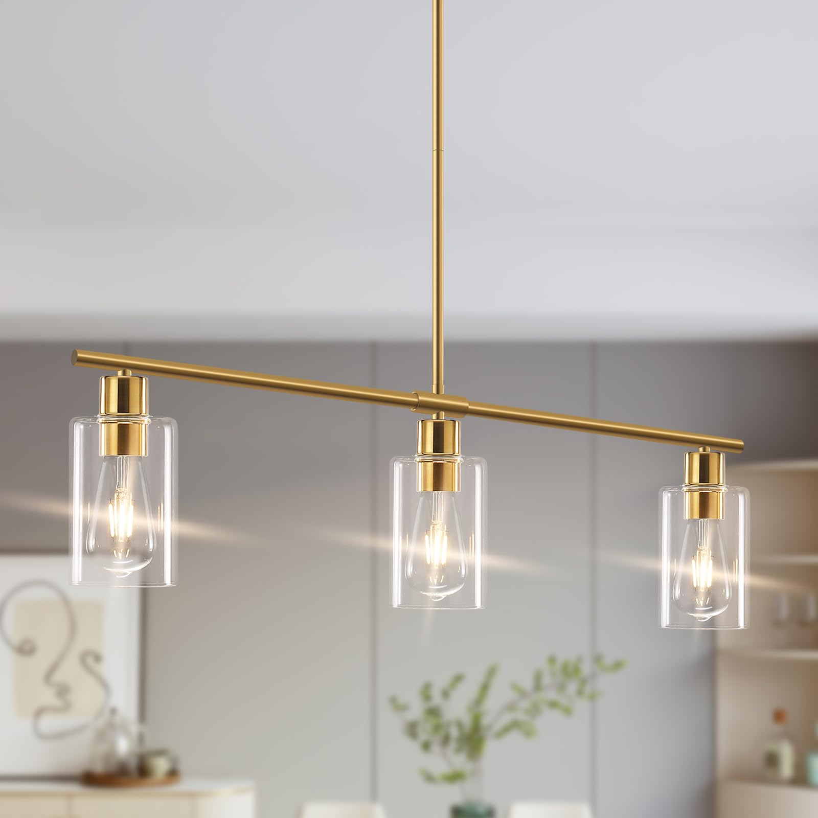 Yarlkav Kitchen Island Lighting, 3 Lights Linear Chandeliers Rectangle Pendant Light Fixtures For Dining Room Farmhouse Hanging Light With Glass Shades Hanging Lights - Gold