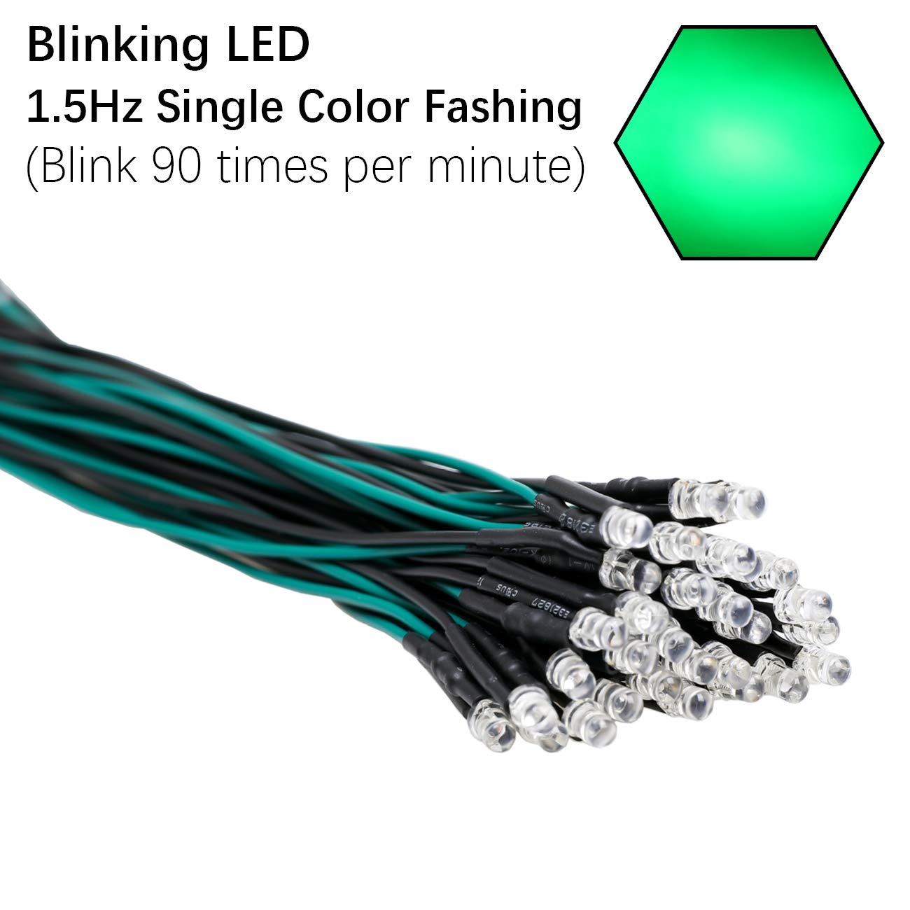 Edgelec 30Pcs 12 Volt 3Mm Green Blinking Led Lights Emitting Diodes (1.5Hz Single Color Flashing) Pre Wired 7.9 Inch Dc 12V Led