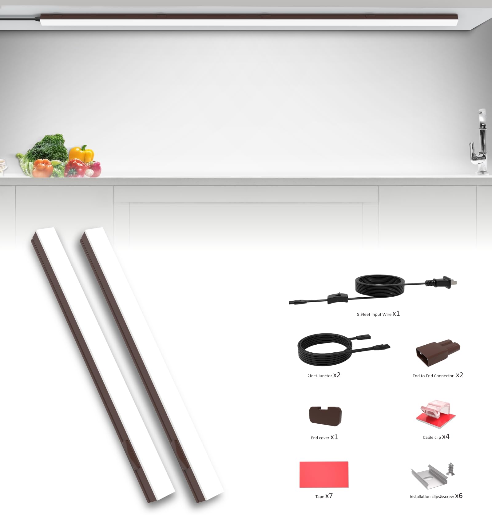 Leetdud Under Cabinet Lighting Plug In  24 Inch 2 Pcs  Linkable Ac120V 3Cct 3000K/4000K/5000K Ultra Slim  Led Under Cabinet Lights For Counter Light  Kitchen  Shelf  Sink  Workshop  Desk  Bronze